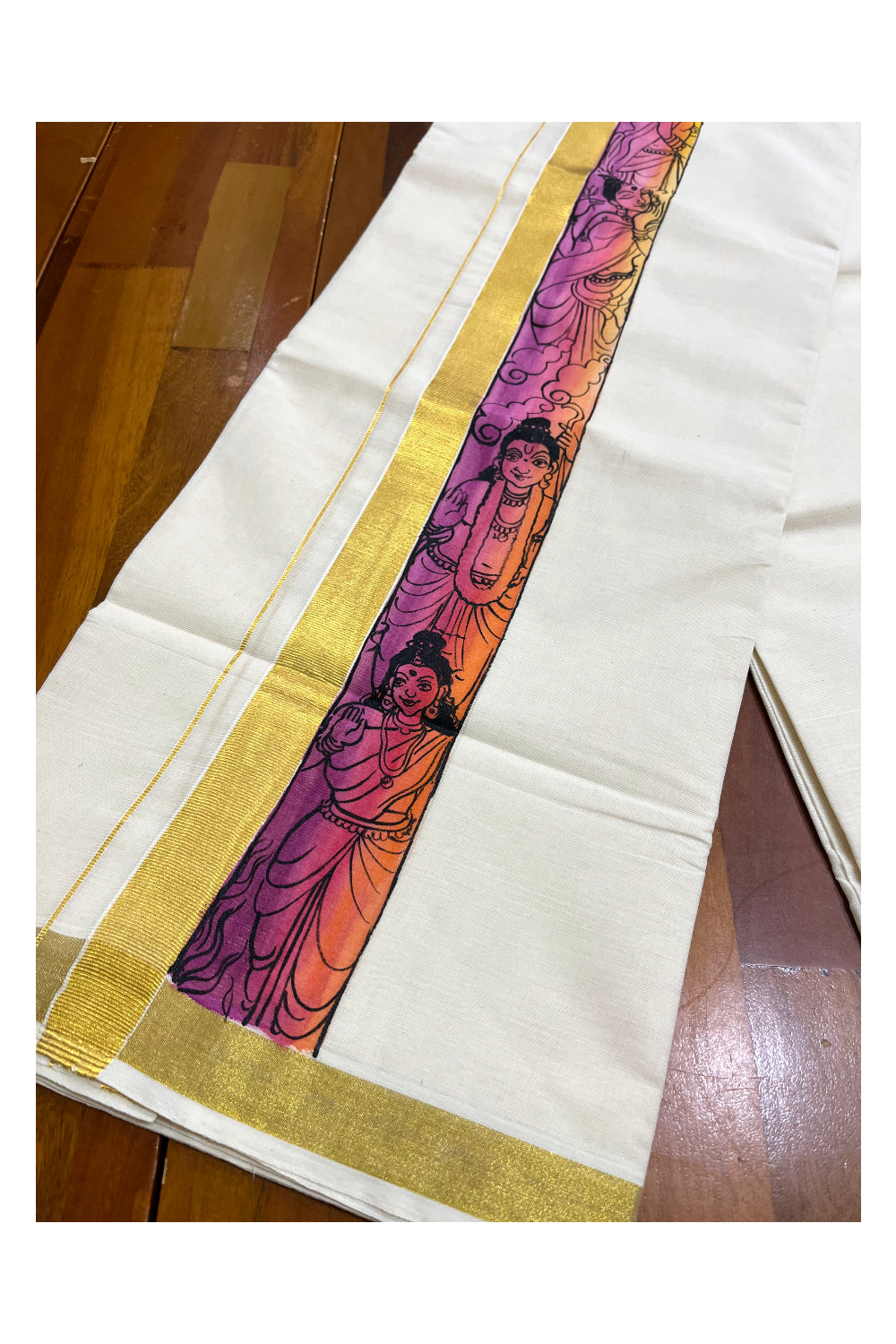 Kerala Pure Cotton Double Mundu with Mural Hand Painted Design on Kasavu Border (South Indian Kerala Dhoti)