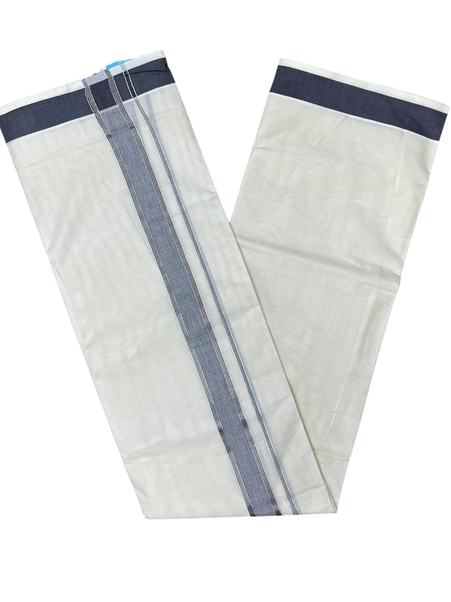 Southloom Kerala Pure Cotton Double Mundu with Silver Lines and Black Border with (South Indian Dhoti)