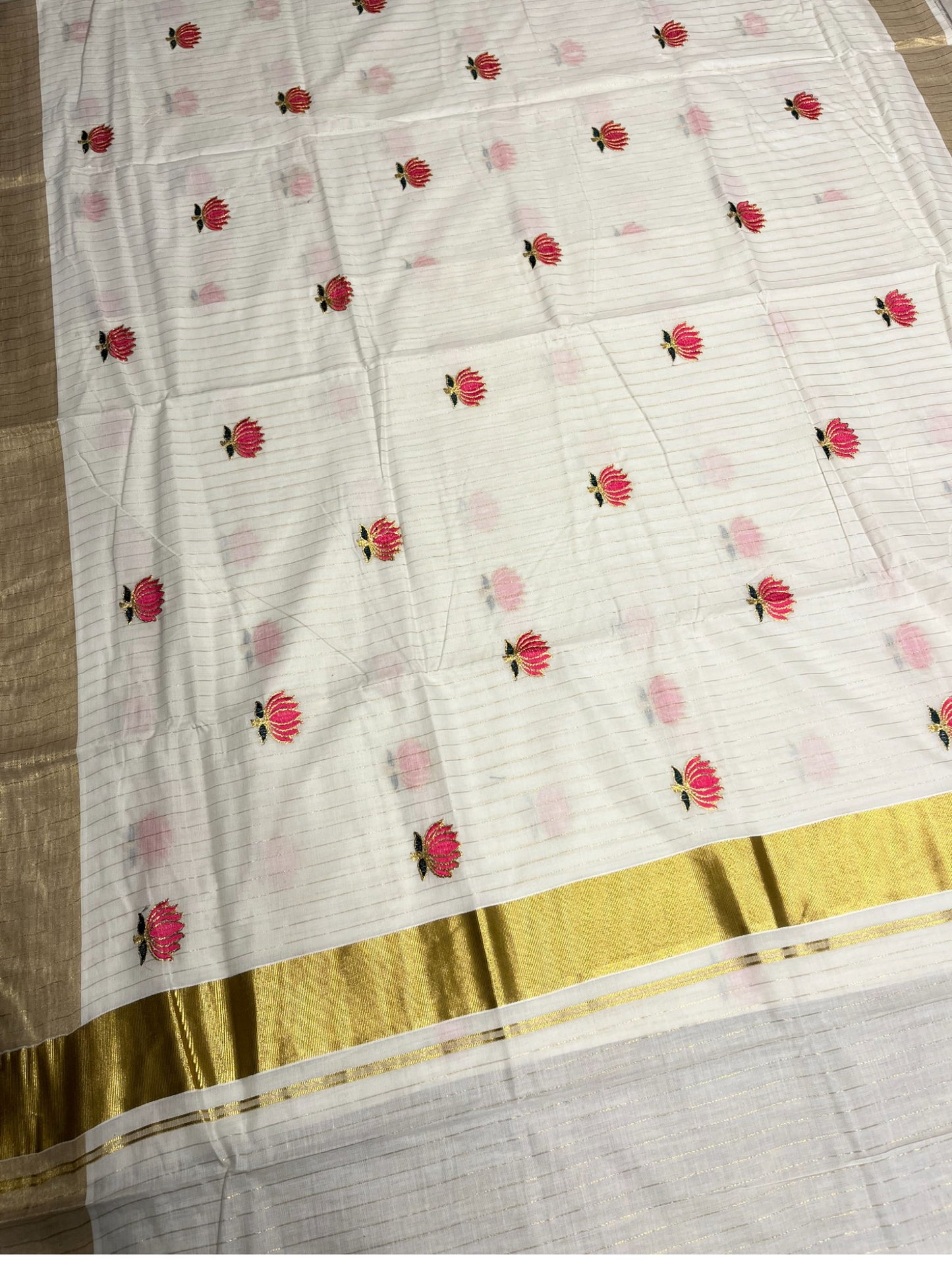 Kerala Cotton Kasavu Line Saree With Pink Lotus Embroidery SL172