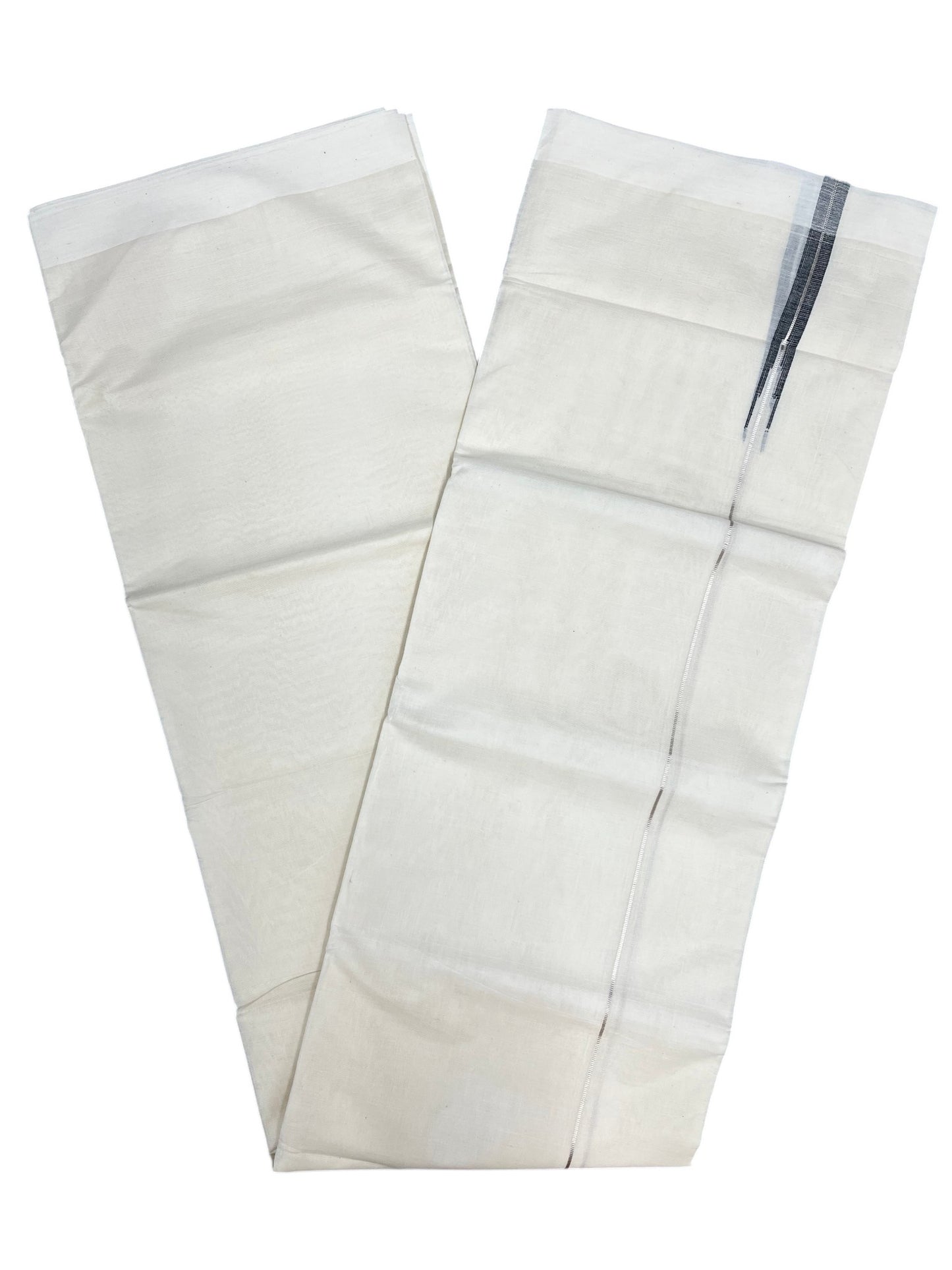 Kerala Pure Cotton Double Mundu with Silver And Black Chutti Kara (South Indian Kerala Dhoti)