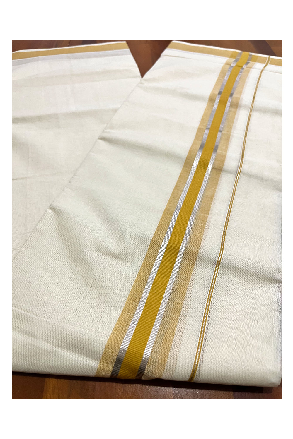 Pure Cotton Double Mundu with Yellow and Silver Kasavu Kara (South Indian Kerala Dhoti)