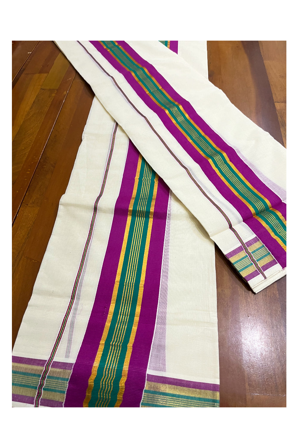 Kerala Cotton Kasavu Set Mundu (Mundum Neriyathum) with Magenta and Green Border 2.80 Mtrs