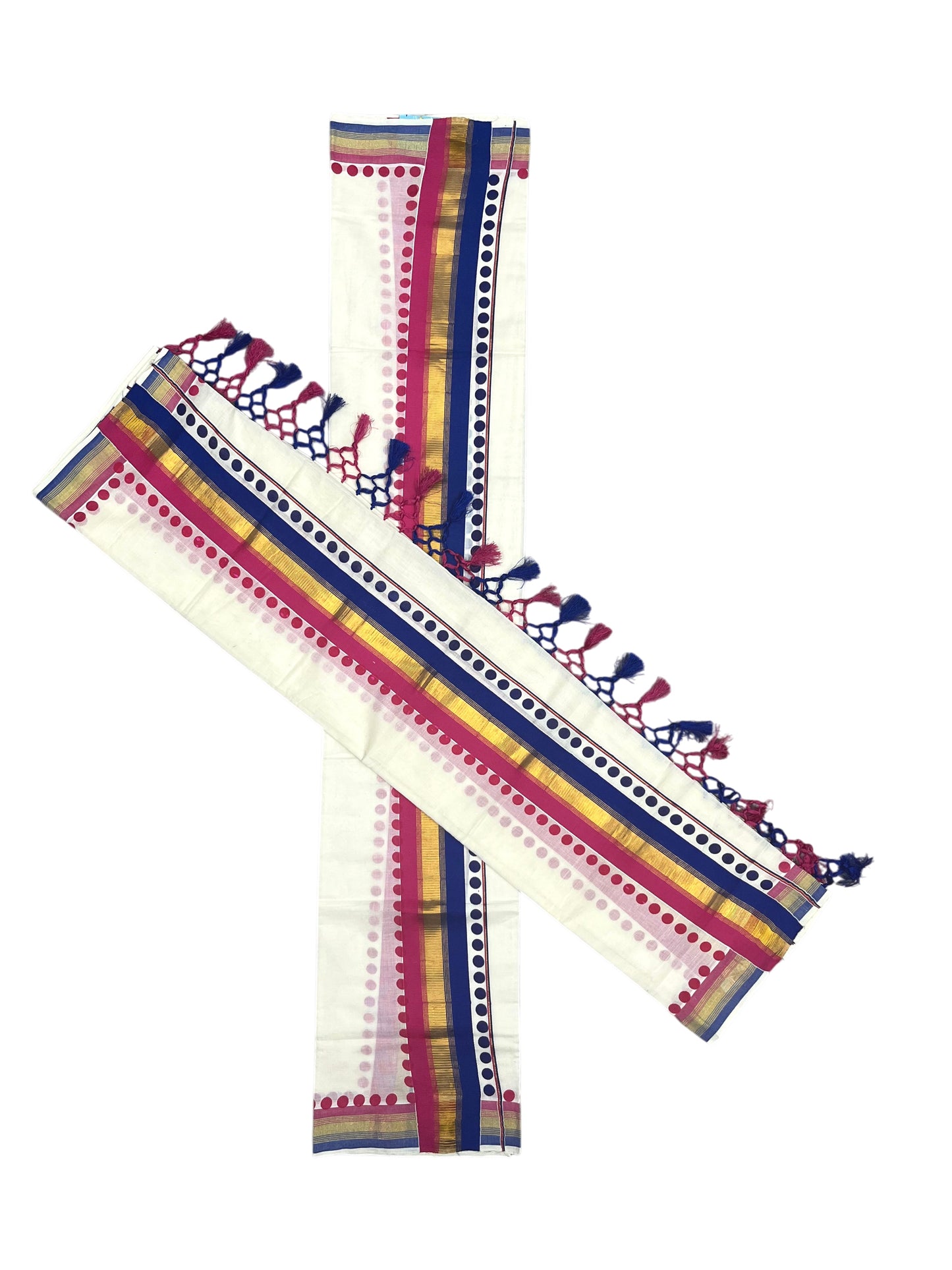Southloom Kerala Cotton Kasavu Single Set Mundu (Mundum Neriyathum) with pink and Blue Border With Polka Dots SLKK