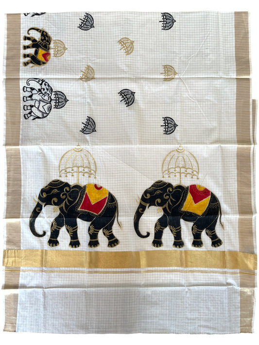 Southloom Kerala Cotton Kasavu Check Saree with Elephant Handpainted and Embroidery Work