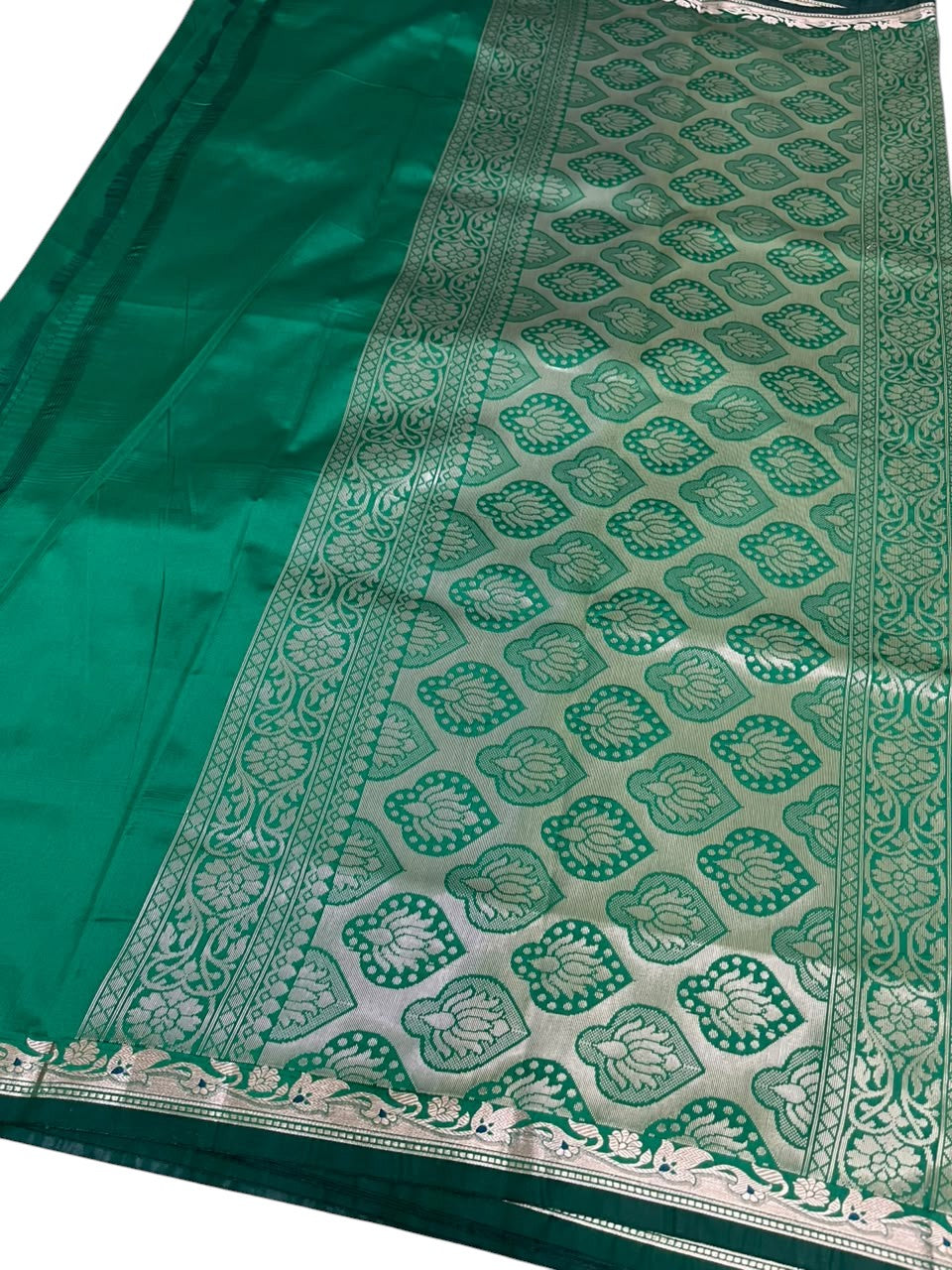 Southloom Satin Banarasi Silk Saree with Woven Work on Borders In Green
