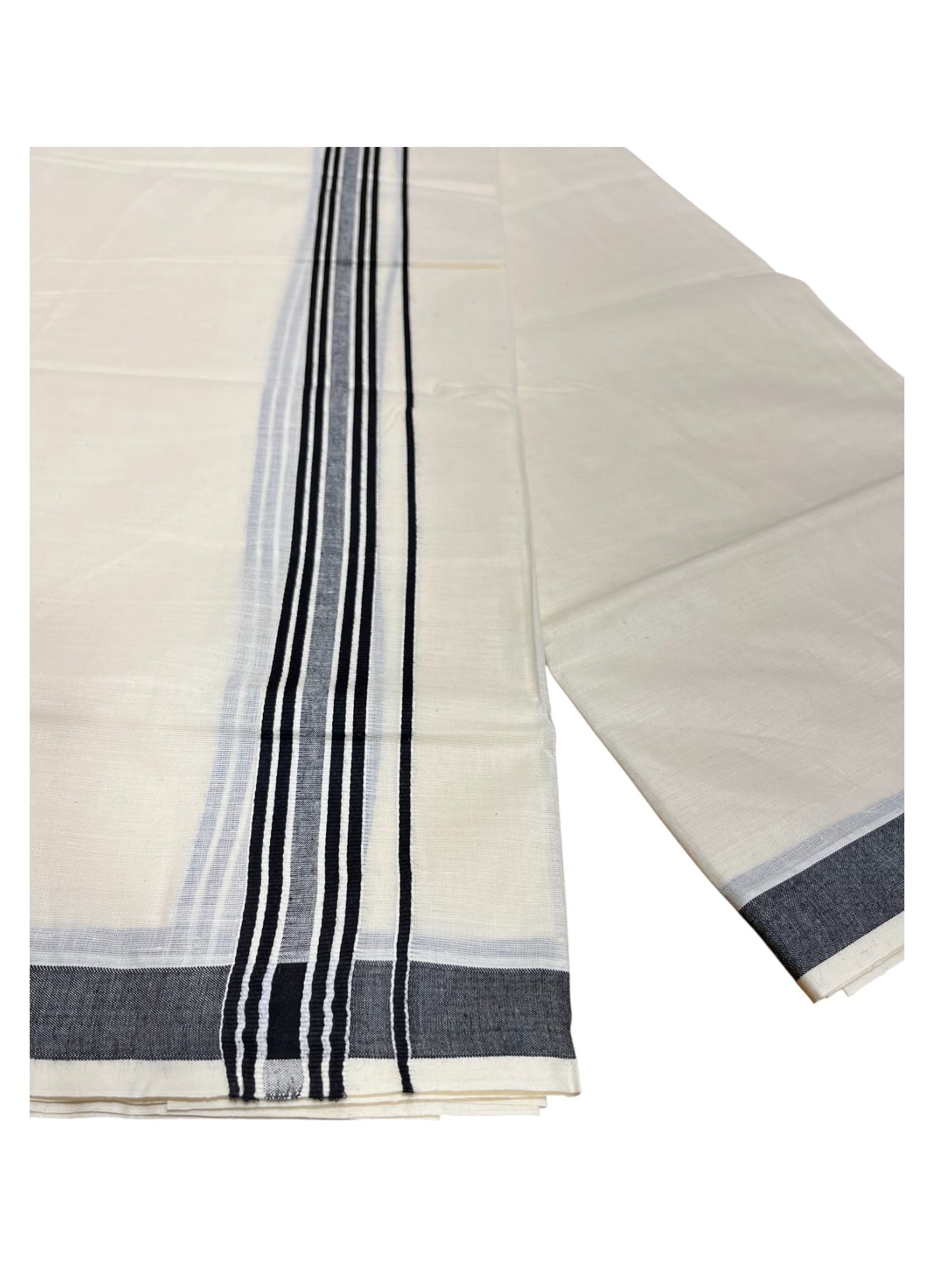 Southloom Pure Cotton  Double Mundu With White Lines & Black Border (South Indian Kerala Dhoti)