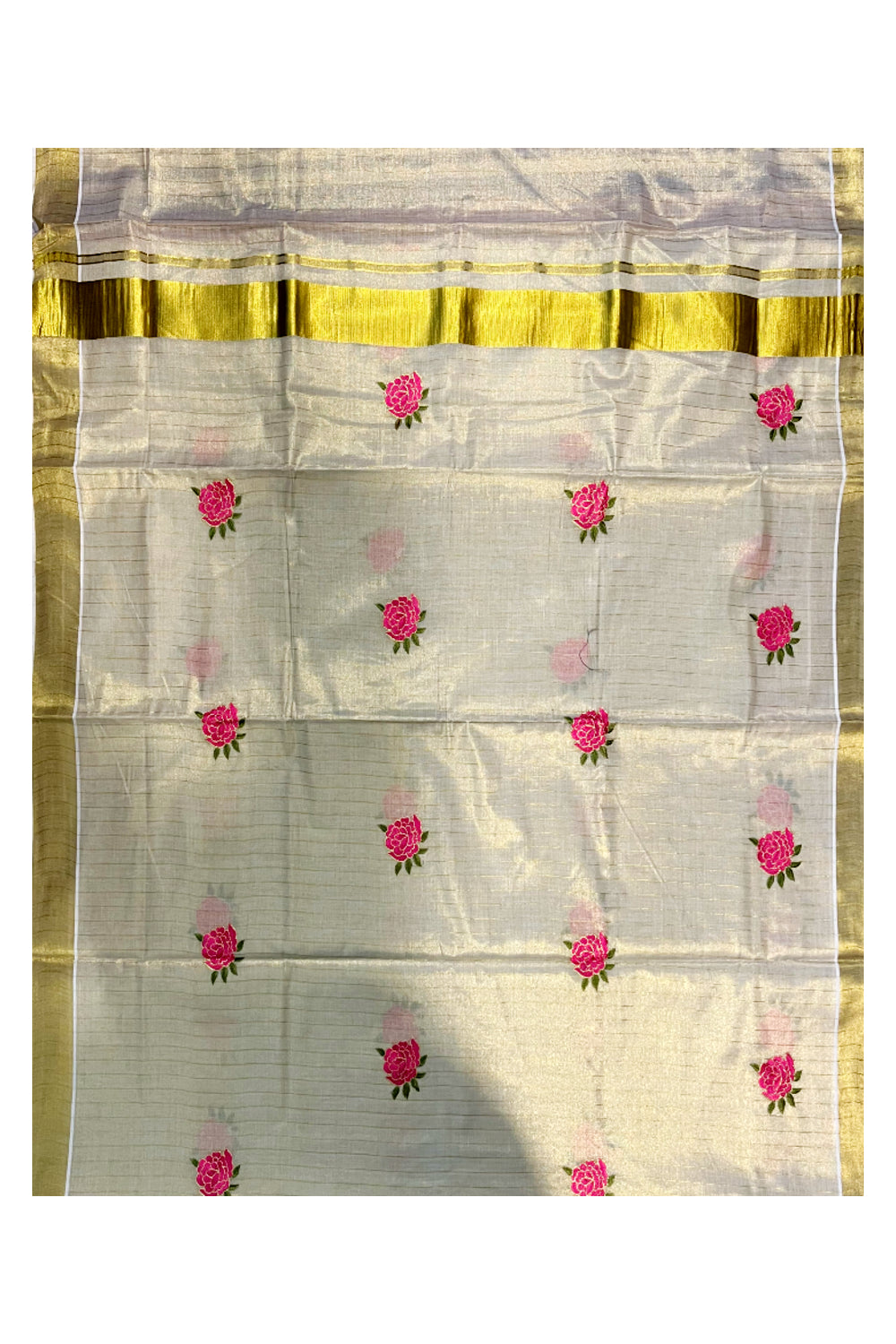 Southloom Kerala Tissue Kasavu Lines Saree with Pink Floral Embroidery Works