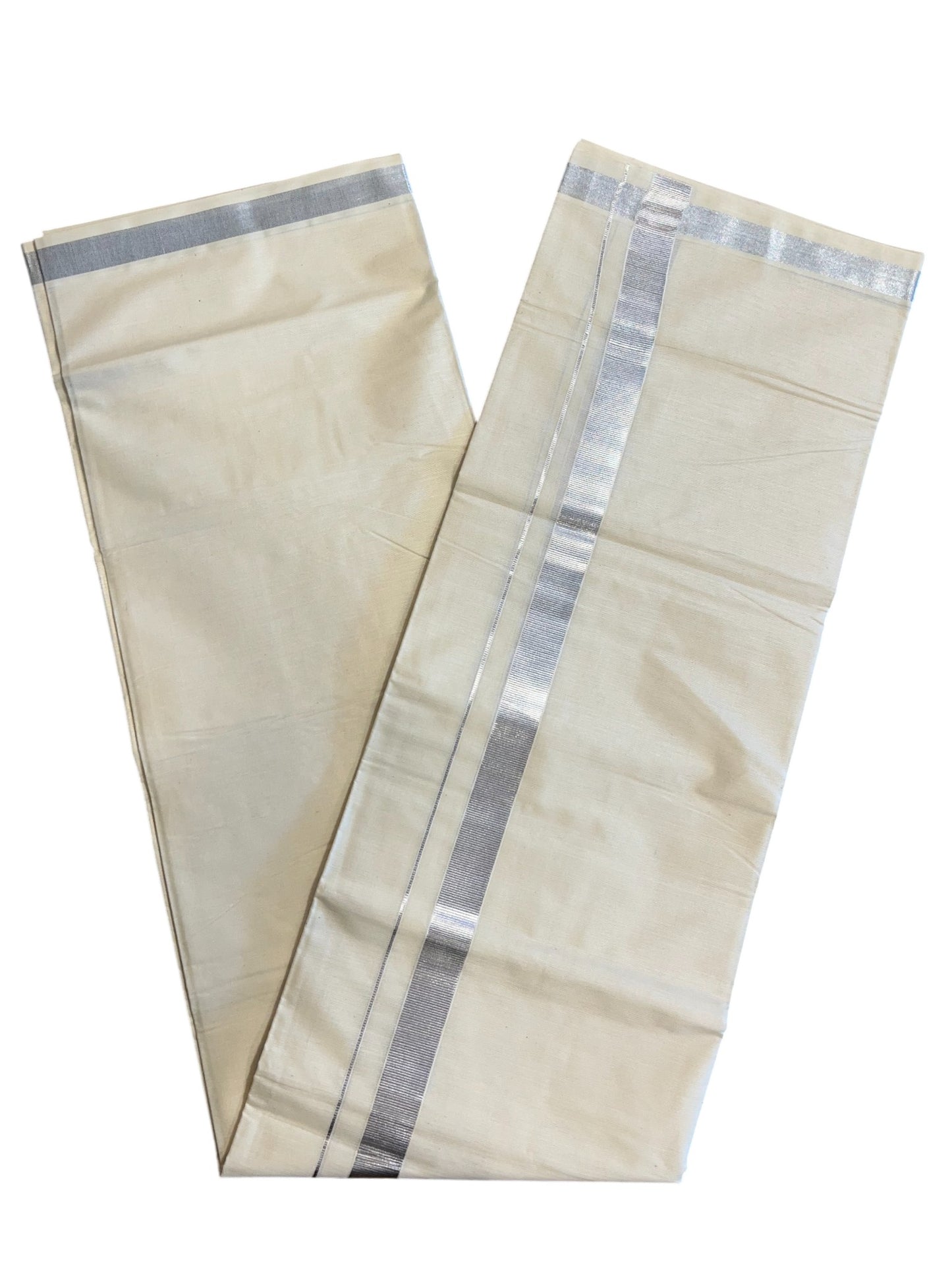 Off White Pure Cotton Double Mundu With Silver Kasavu Kara 1 Inches (South Indian Kerala Dhoti)