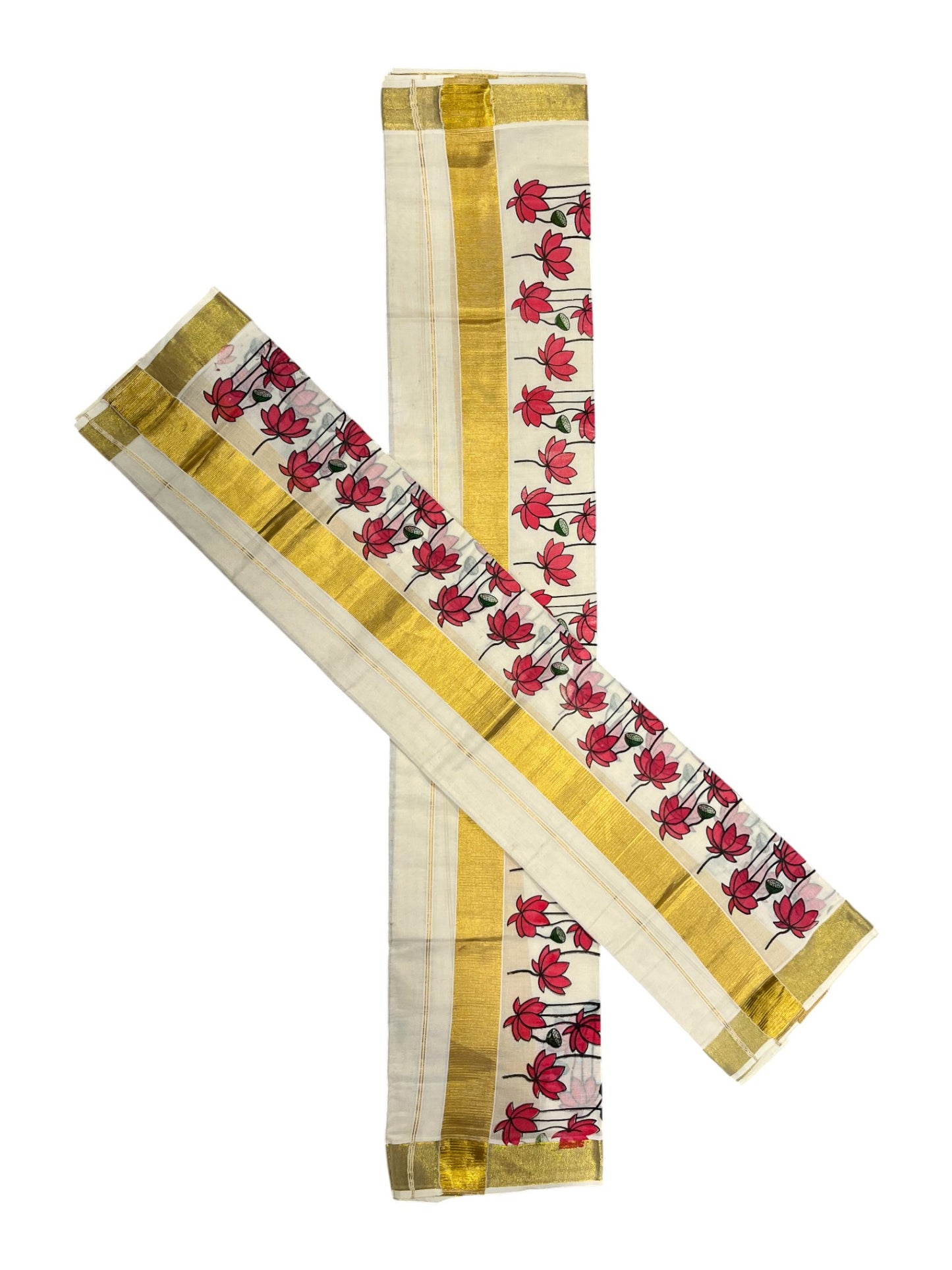 Southloom Kerala Cotton Single Set Mundu (Mundum Neriyathum) with Pink Floral Block Printed Design 2.80Mtrs