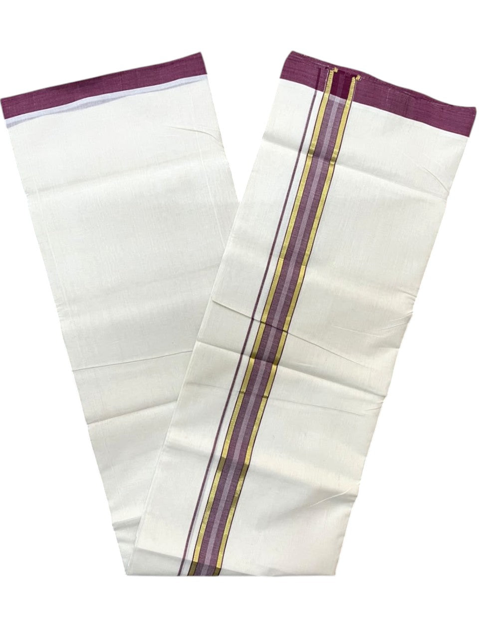 Southloom Balaramapuram Unakkupaavu Premium Handloom Cotton Double Mundu with Gold Kasavu and Purple Border