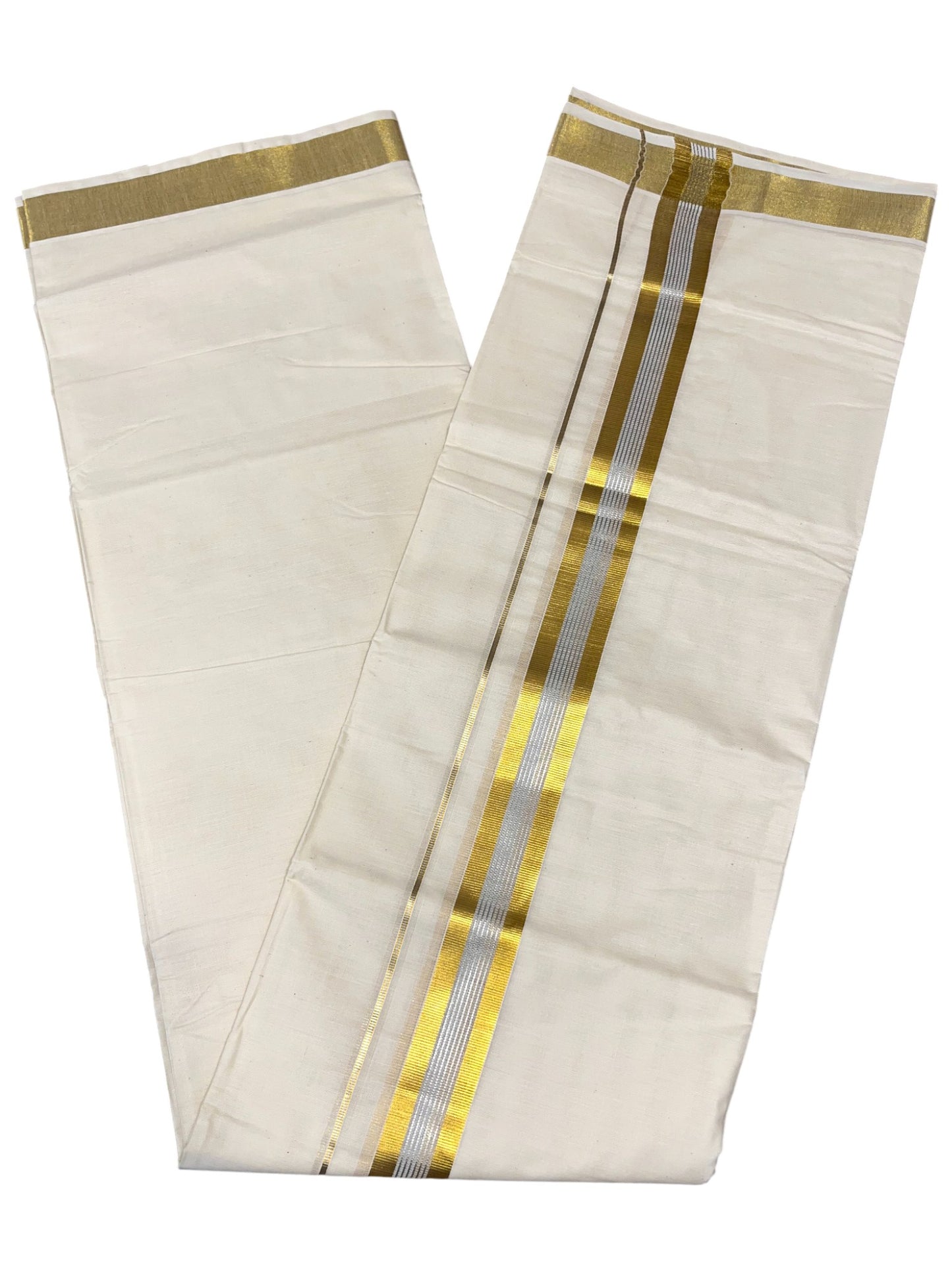 Southloom Kerala Pure Cotton Double Mundu with Silver and Gold Border (South Indian Dhoti)