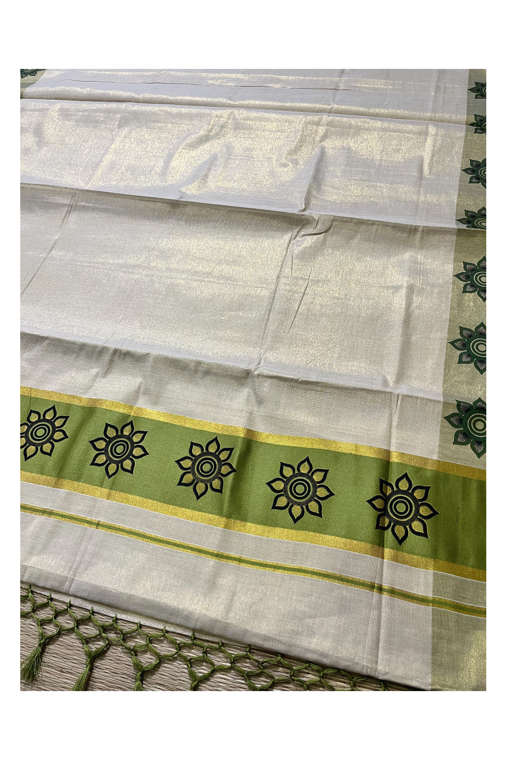 Kerala Tissue Kasavu Saree with Floral Block Prints in Olive Green Border (Onam 2024 Collection)