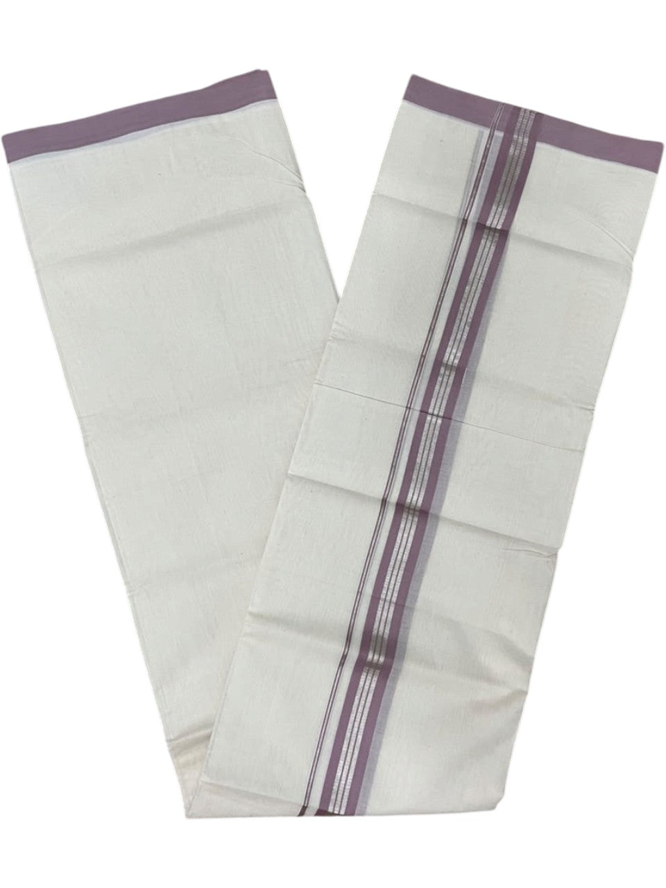 Southloom Pure Cotton Mundu with Siver Lines and Lavendar Border (South Indian Kerala Dhoti)