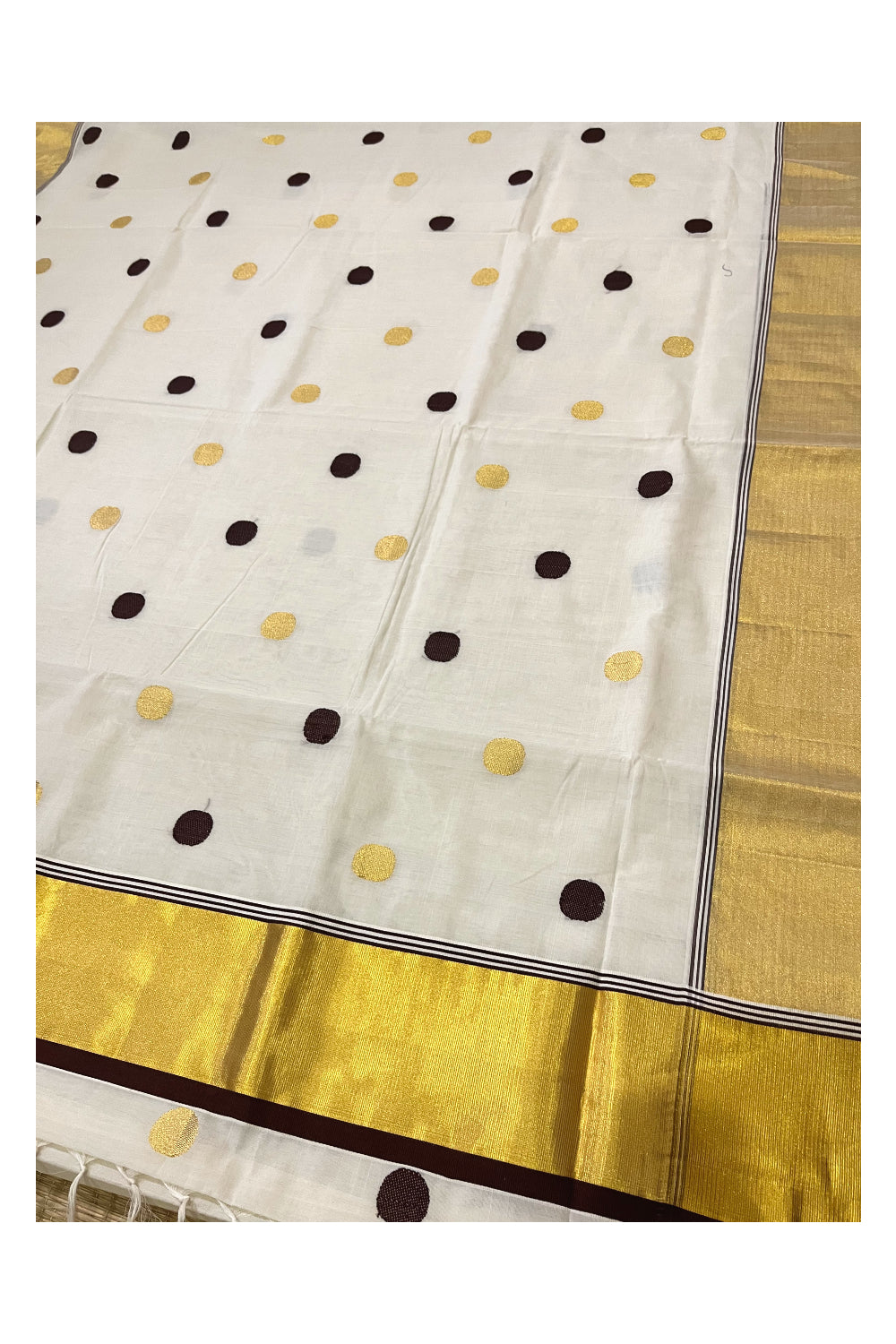 Southloom™ Premium Handloom Kasavu Cotton Saree with Handwoven Brown and Golden Polka Designs