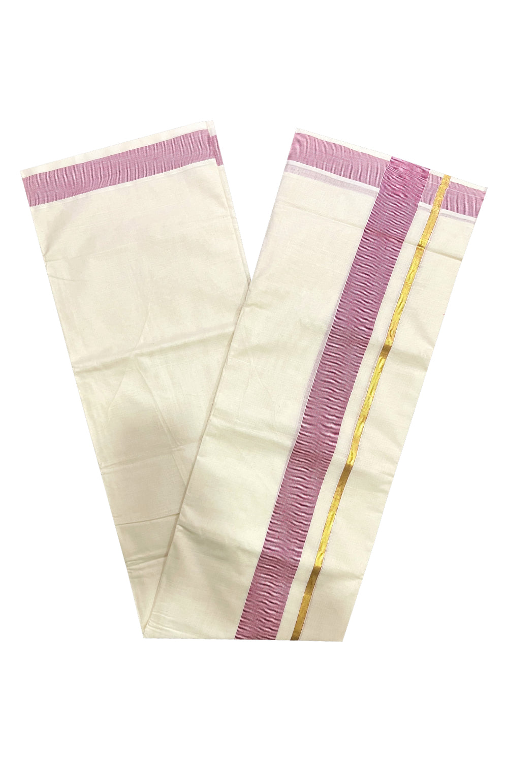 Pure Cotton Mundu with Maroon Lines and Kasavu Border (South Indian Kerala Dhoti)