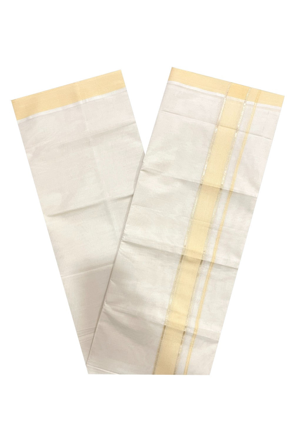 Pure Cotton 100x100 Double Mundu with Yellow and Silver Kasavu Kara (Onam Mundu 2023)