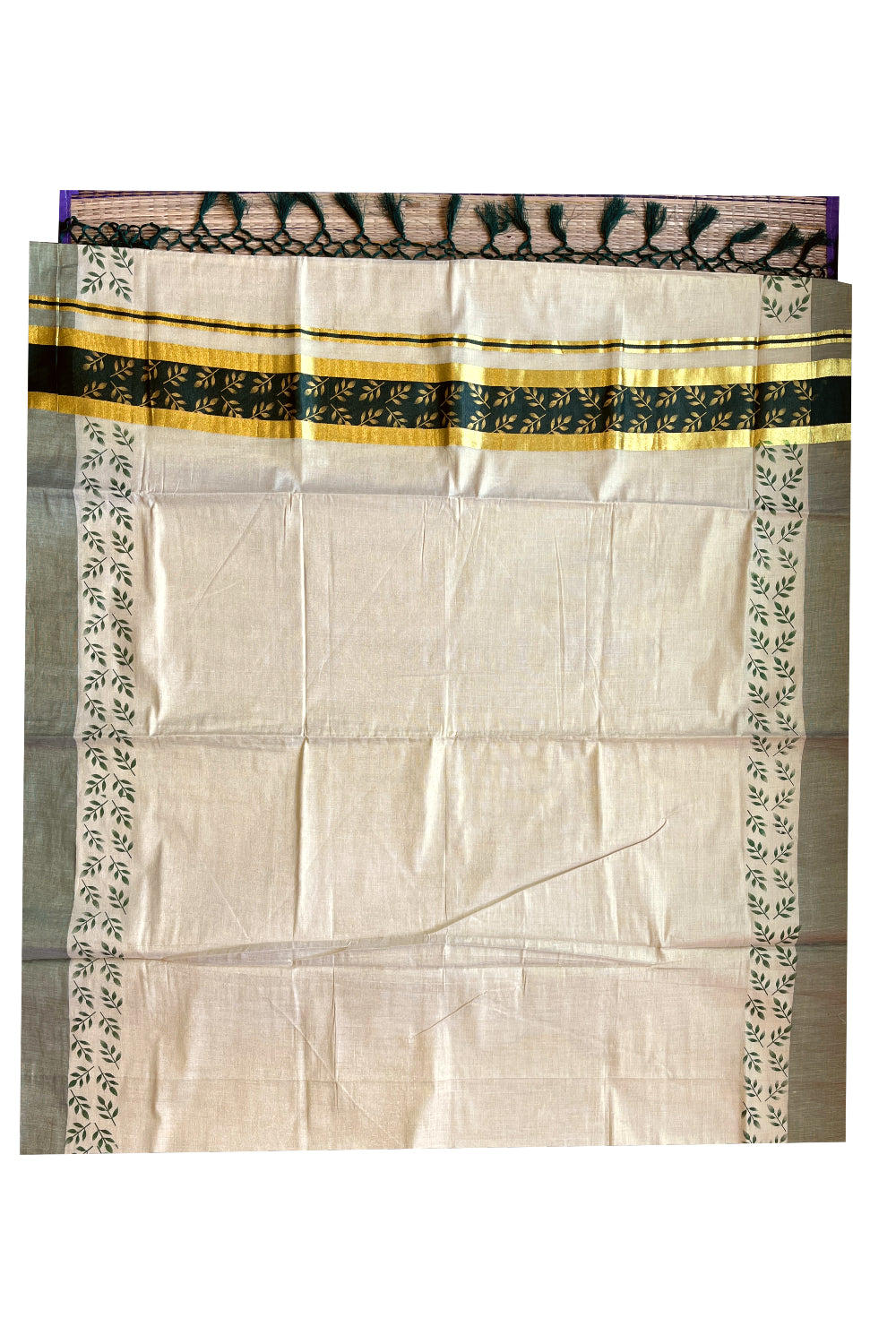 Kerala Tissue Kasavu Saree with Golden and Green Block Prints on Border and Tassels Works