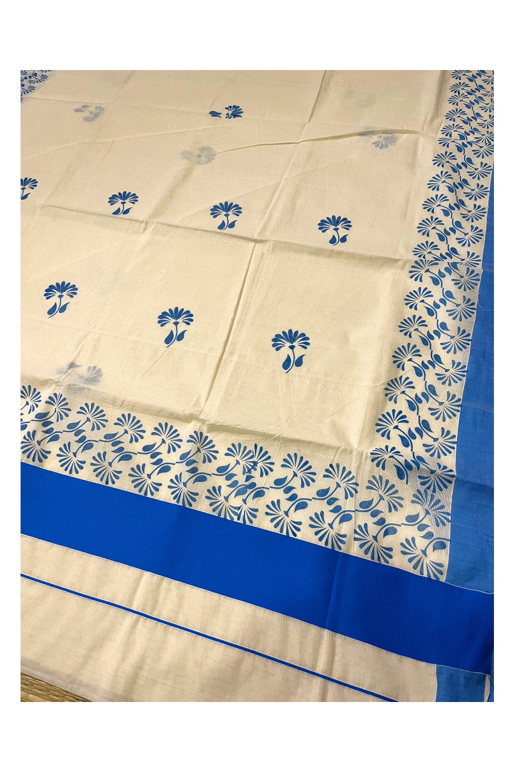 Kerala Pure Cotton Saree with Blue Block Prints on Border