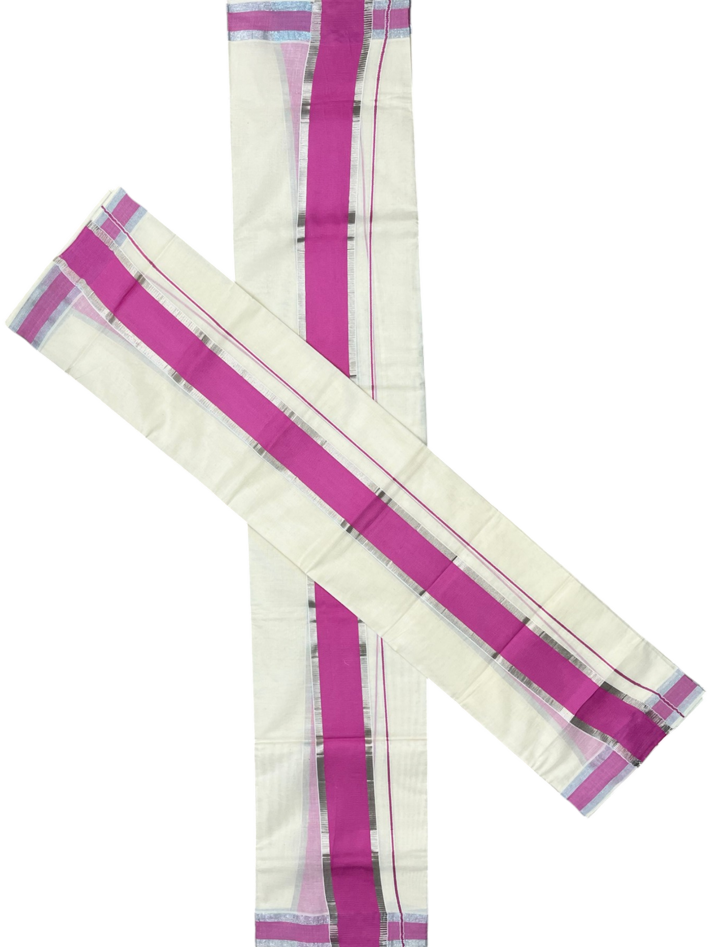 Kerala Cotton Mundum Neriyathum Single (Set Mundu) with Pink and Silver Kasavu Border 2.80 Mtrs  SLKK SL498