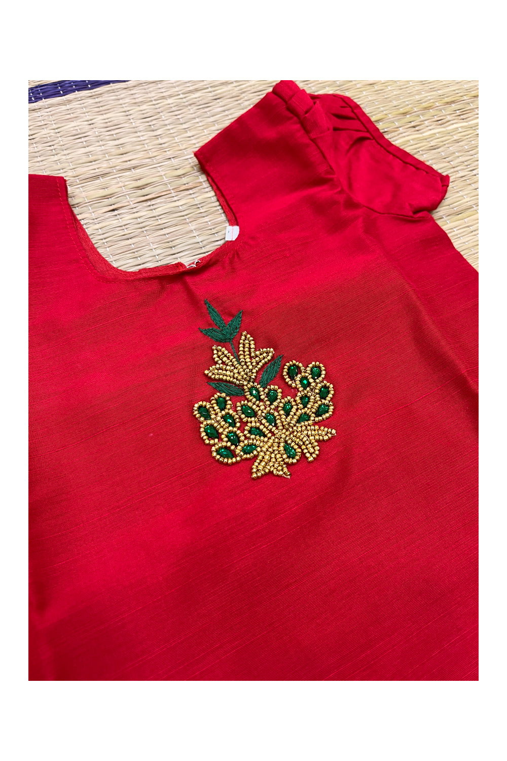 Southloom Kerala Pavada Blouse in Red with Bead Work Designs (Age - 2 Years)