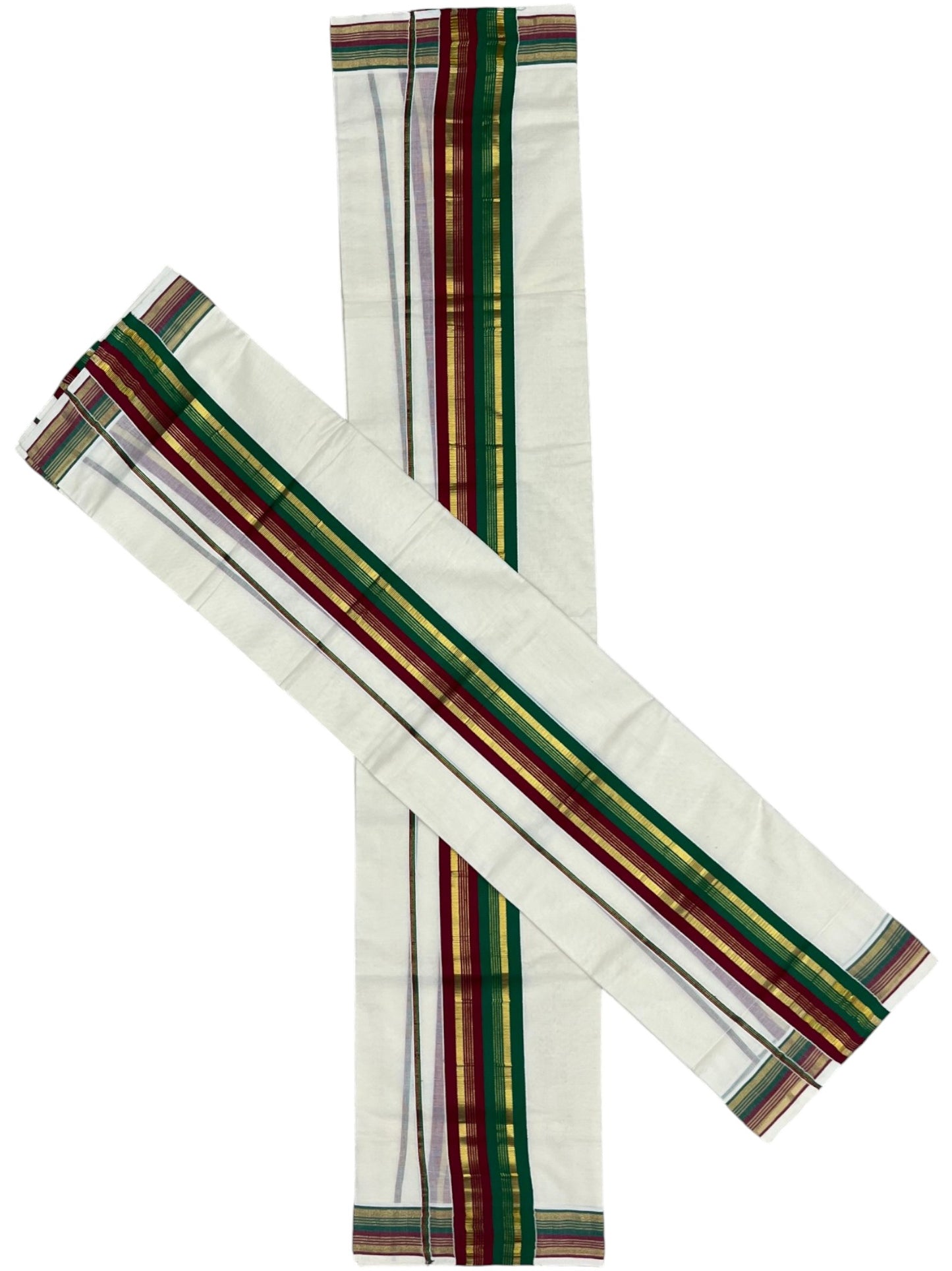 Southloom Kerala Cotton Kasavu Single Set Mundu (Mundum Neriyathum) with Green And Maroon Kasavu Border SLKK