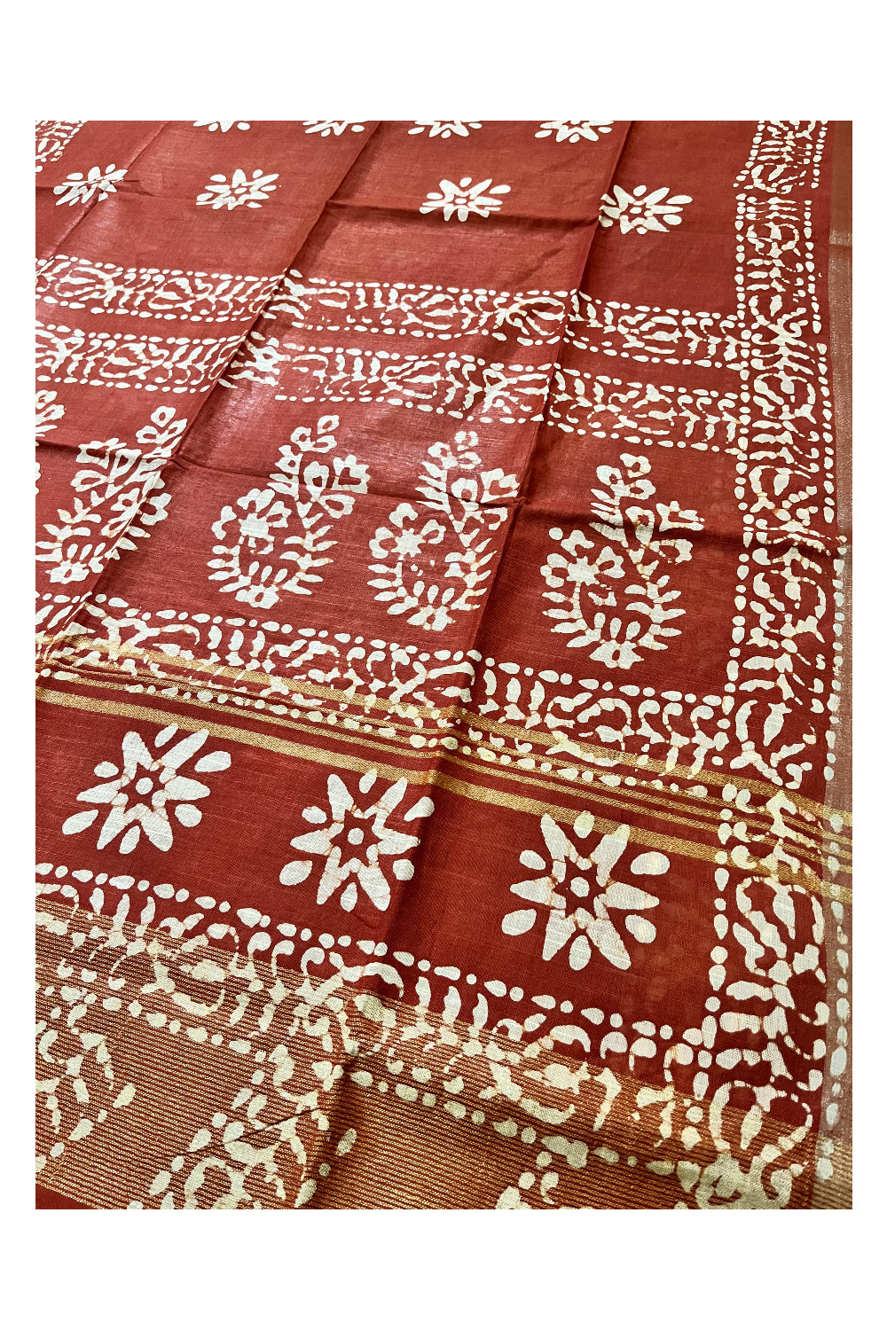 Southloom Cotton Dark Orange Saree with Baswara Prints on Body and Pallu