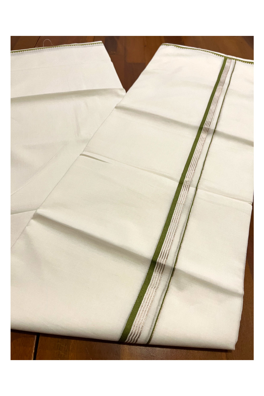 Pure White Cotton Double Mundu with Silver Kasavu and Green Border (South Indian Kerala Dhoti)