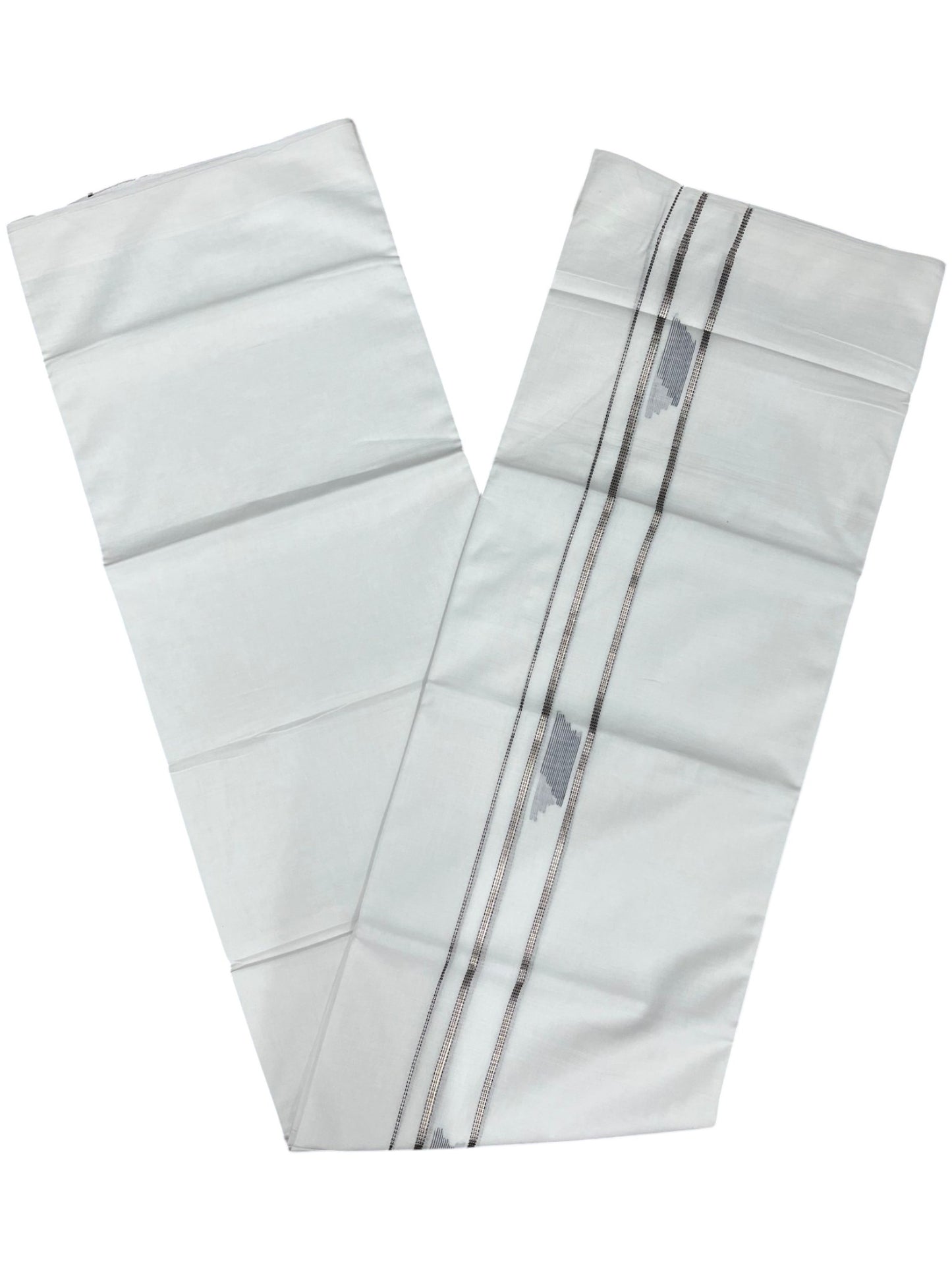 Southloom Pure White Cotton Mundu with Black & Silver Line Border (South Indian Kerala Dhoti)