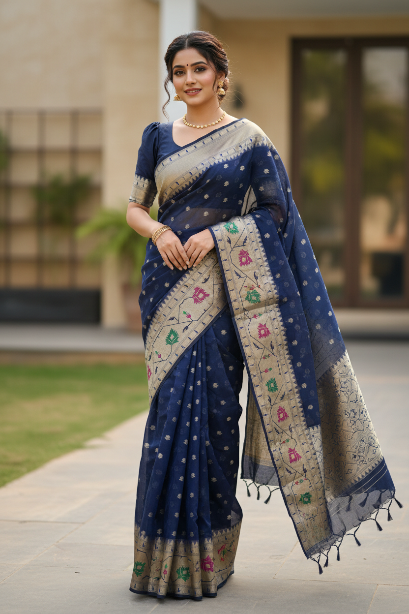 Southloom Banarasi Silk Saree with Woven Work on Body and Borders (Blue)