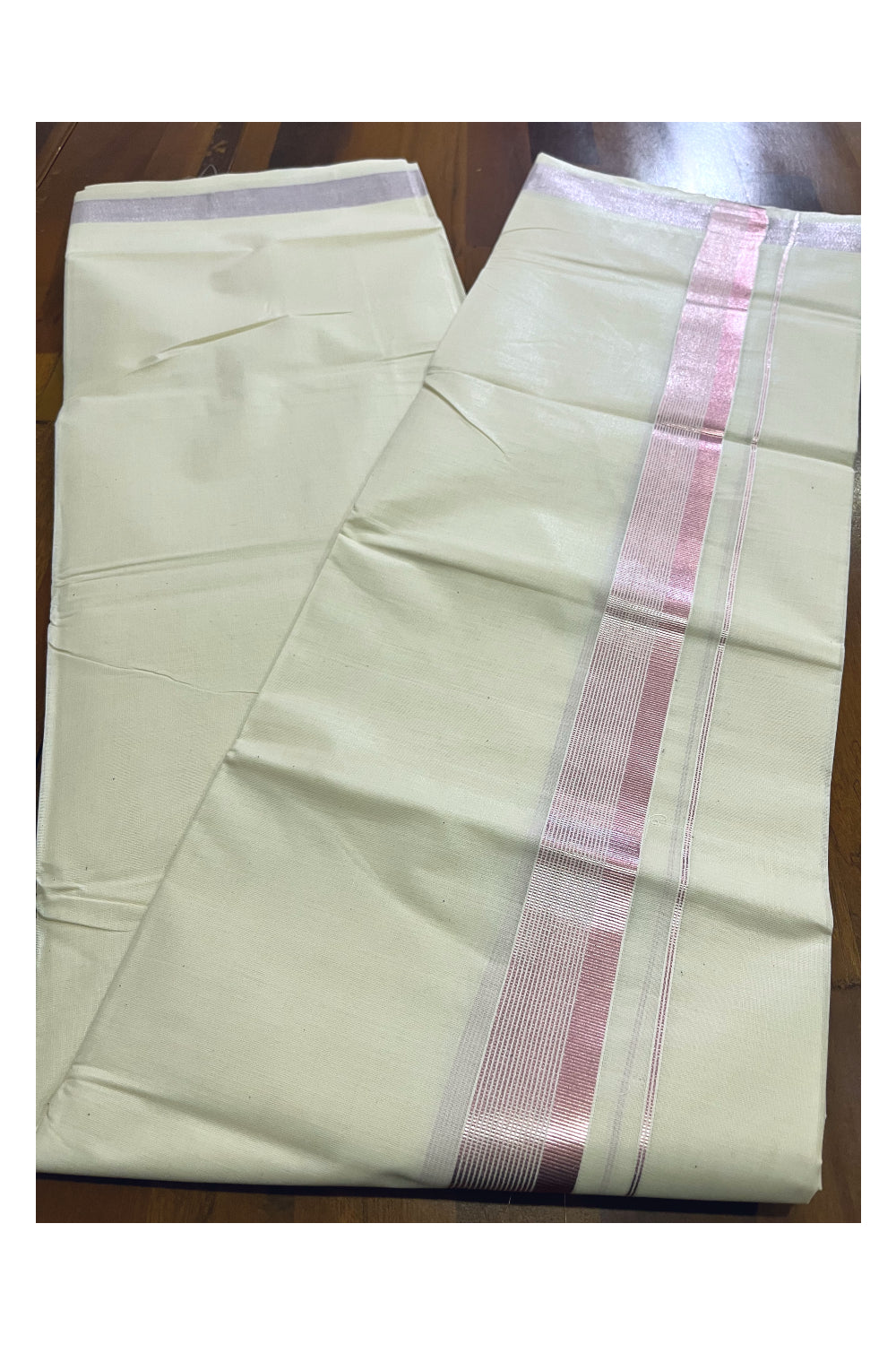 Pure Cotton Kerala Double Mundu with Rose Copper Kasavu Border (South Indian Kerala Dhoti)