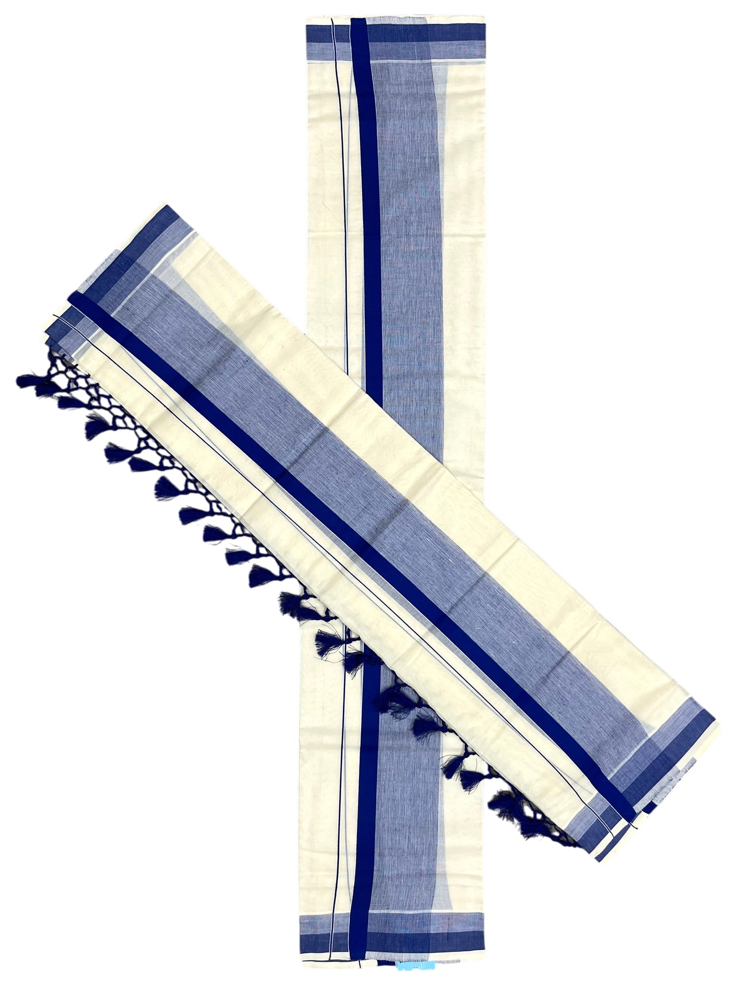 Southloom Kerala Cotton Mundum Neriyathum Single (Set Mundu) with Blue Border 2.80 Mtrs