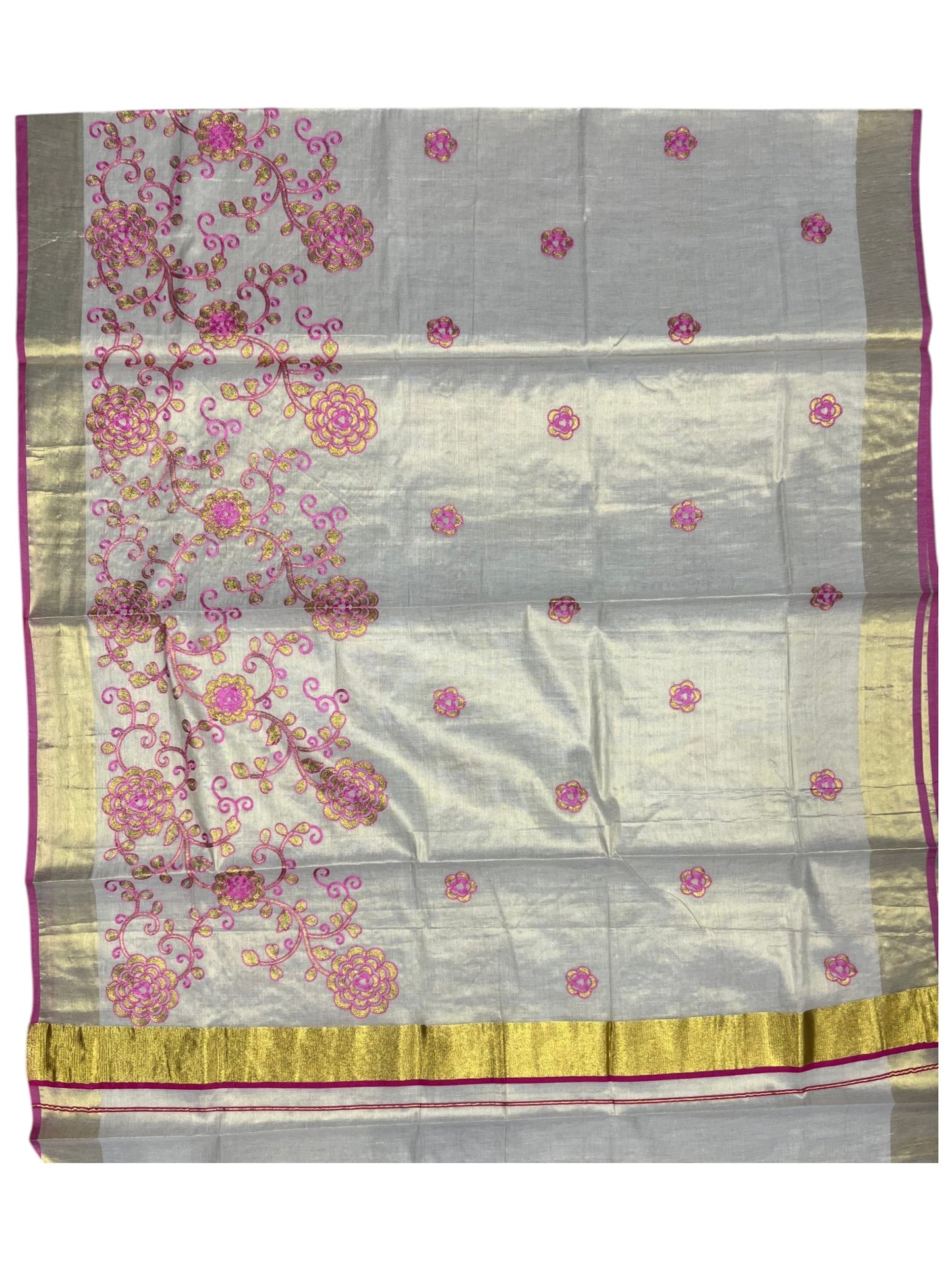 Southloom Kerala Tissue Kasavu Saree With Pink and Golden Floral Embroidery Works