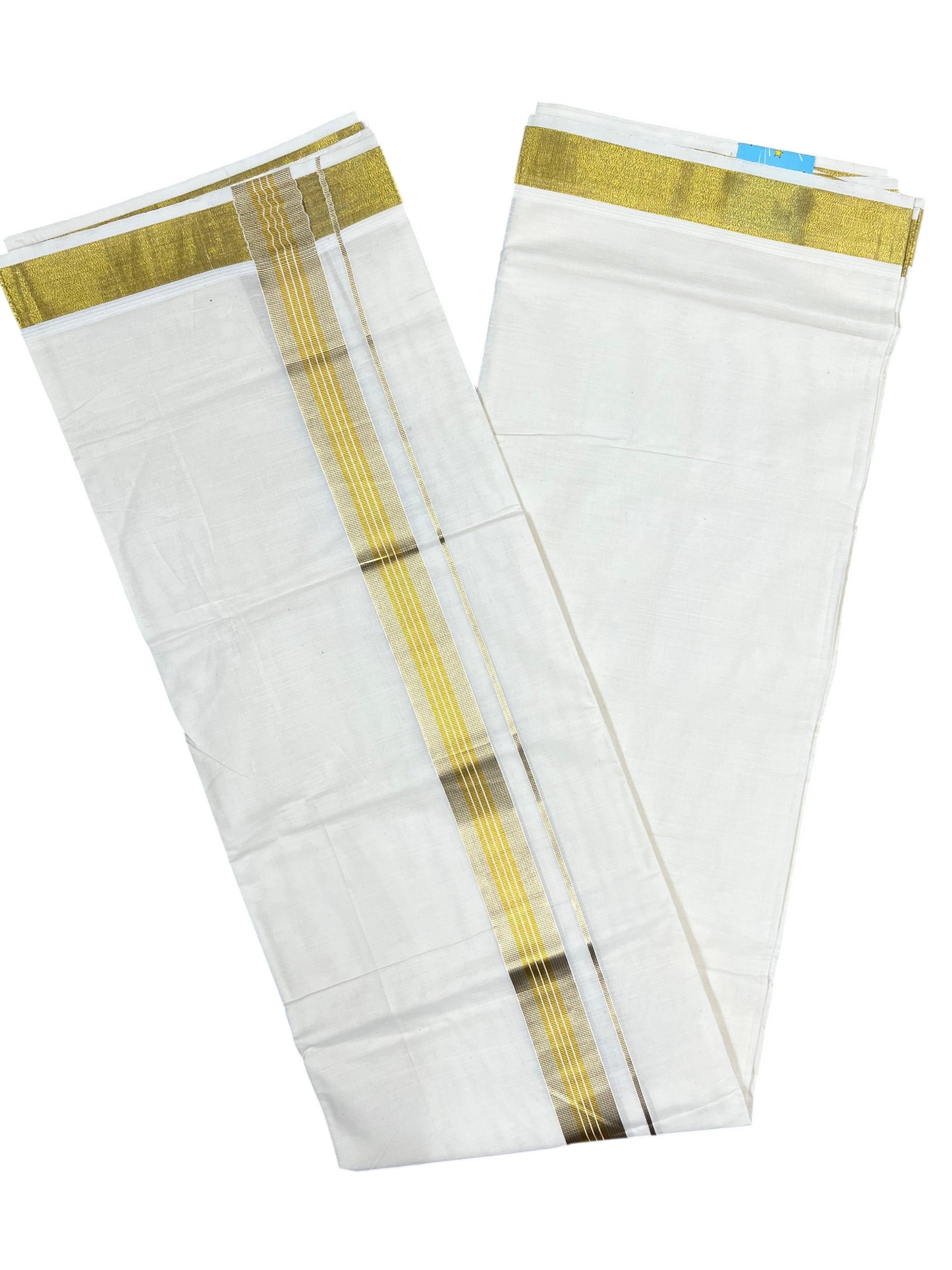 Southloom Kerala Pure Cotton Double Mundu with Gold Kasavu Line Border (South Indian Dhoti)