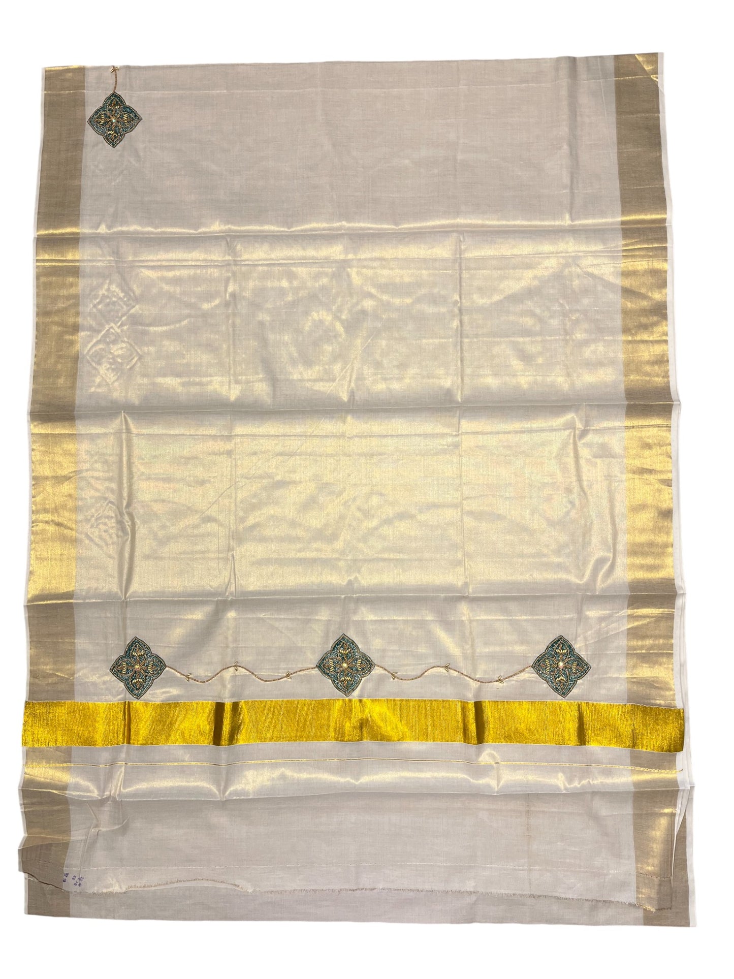 Kerala Tissue Kasavu Saree with Floral Embroidery and Sequins Work on Body