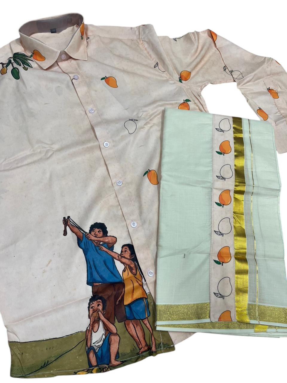 Southloom Premium Satin Mango Digital Print Design Men's Combo  (Shirt + Mundu) SL576