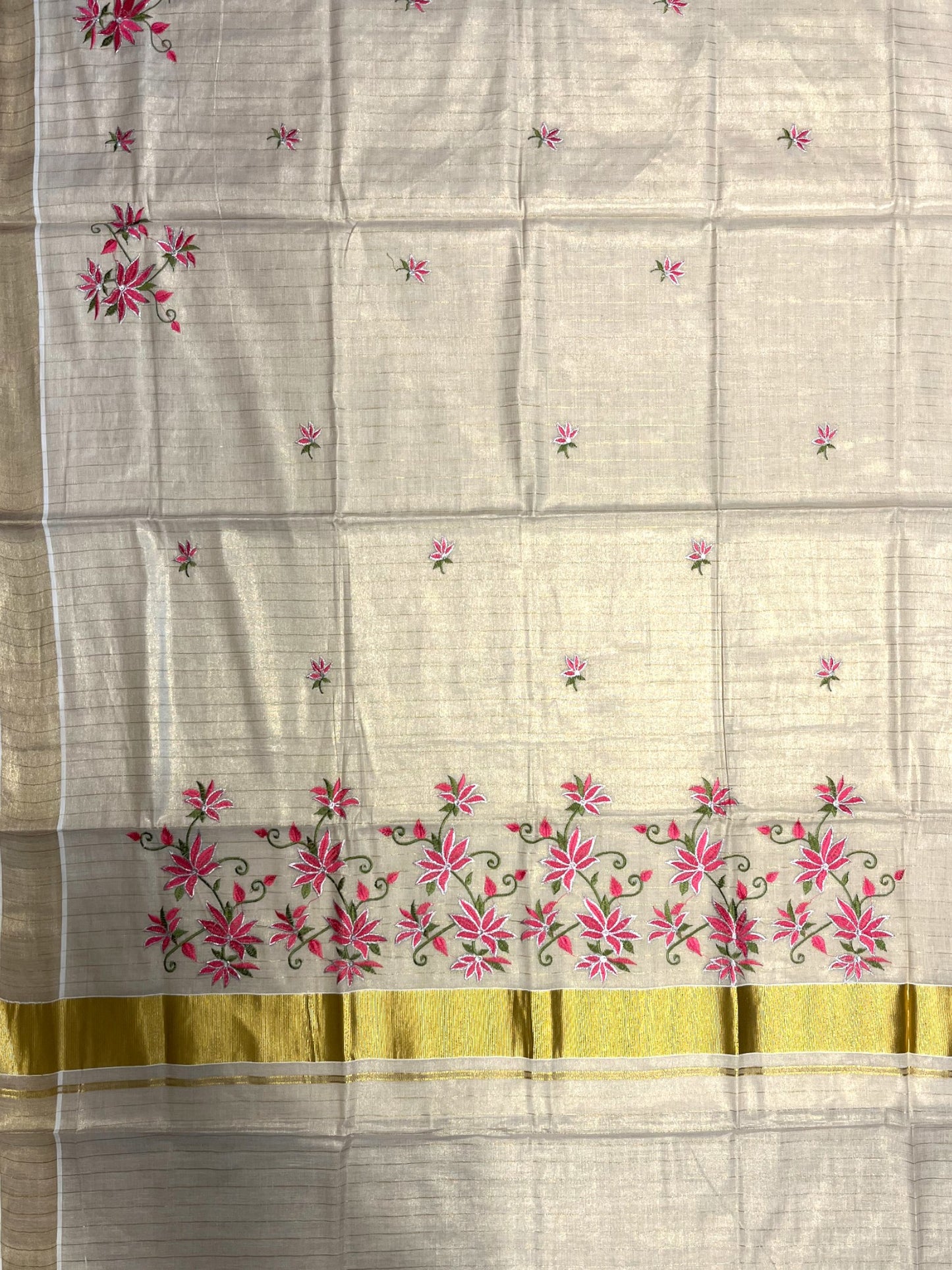 Southloom Tissue Kerala Kasavu Saree with Floral Embroidery
