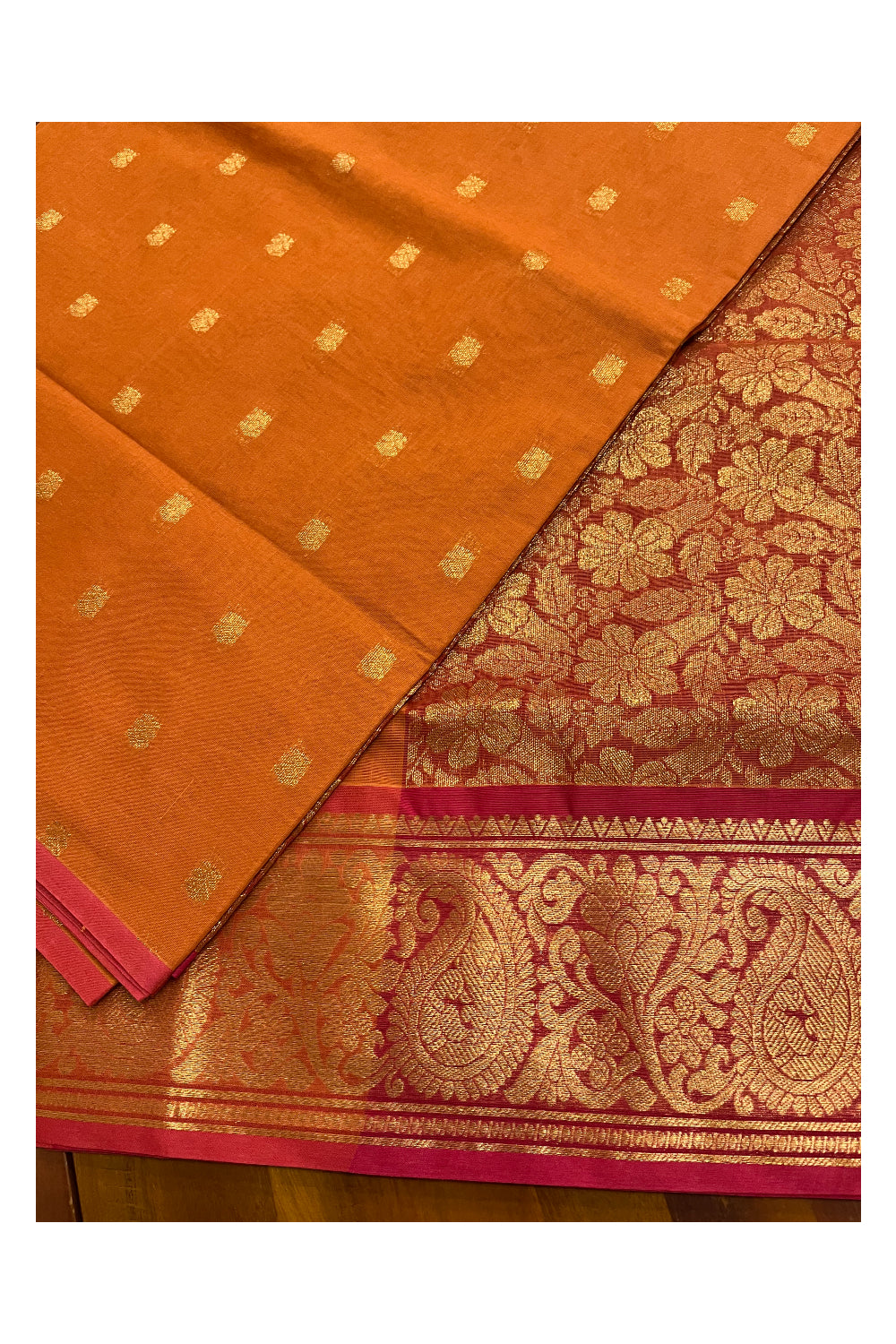 Southloom Cotton Mustard Orange Saree with Kasavu Woven Butta Works on Body and Pallu