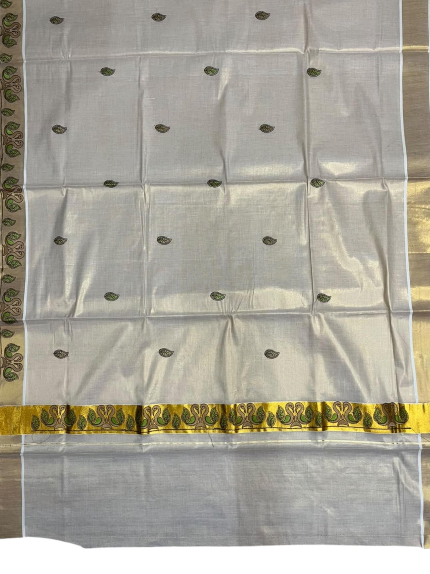 Southloom Tissue Kerala Kasavu Saree with Peacock Embroidery Design On Border
