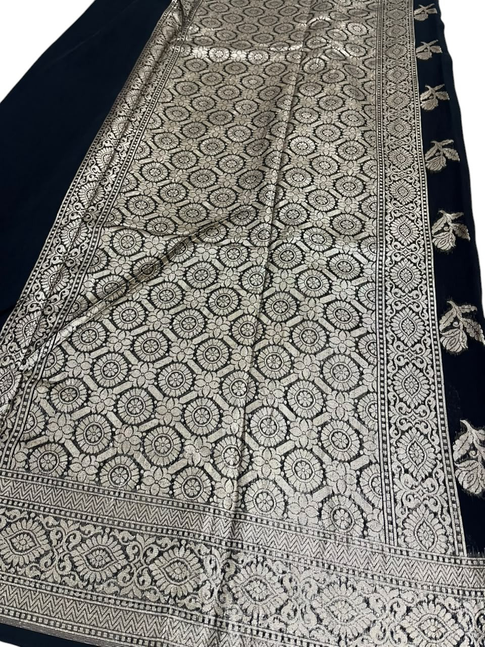 Southloom Cotton Banarasi Silk Saree with Woven Work on Body and Borders (Black)