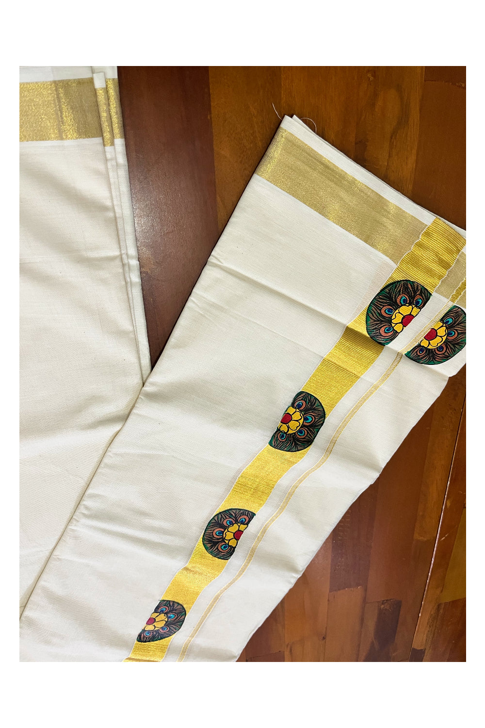 Off White Kerala Cotton Double Mundu with Mural Hand Painted Designs on Kasavu Border (South Indian Kerala Dhoti)