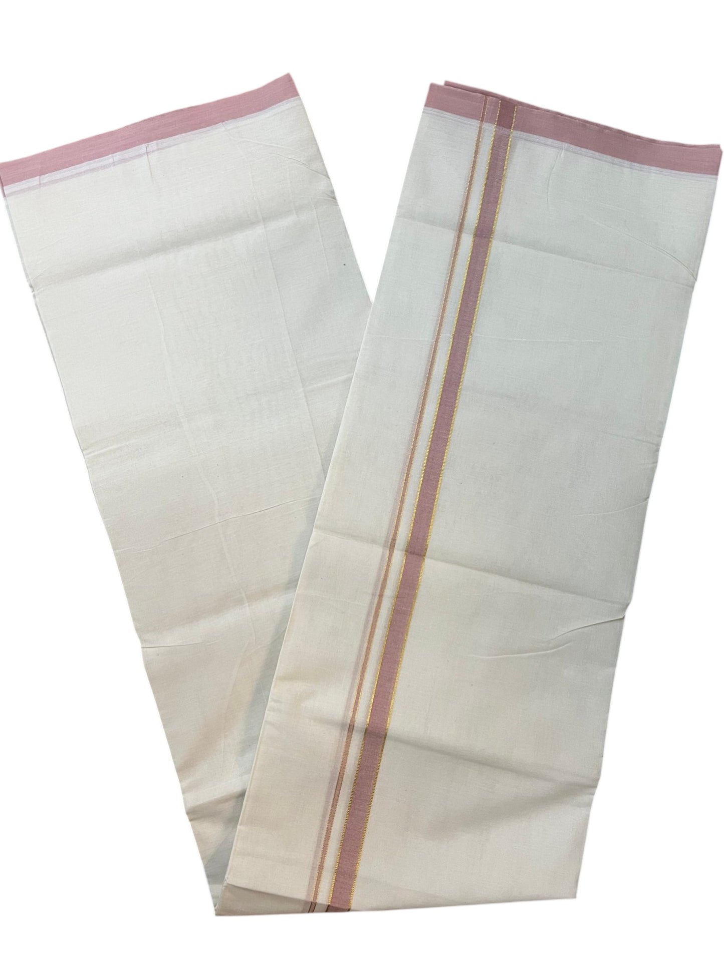 Southloom Pure Cotton Mundu with Golden Lines and Pink Border (South Indian Kerala Dhoti)
