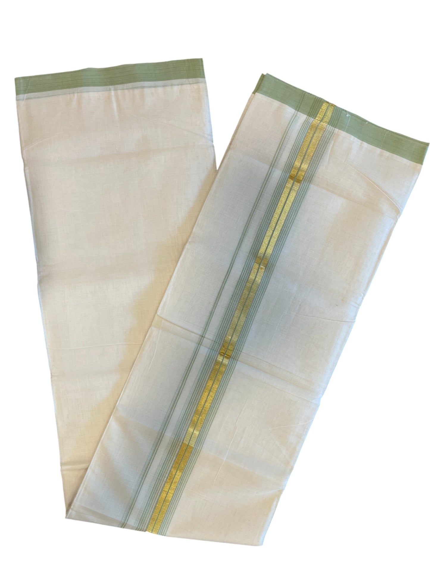 Southloom Premium Handloom Cotton Double Mundu with Gold and Green Border