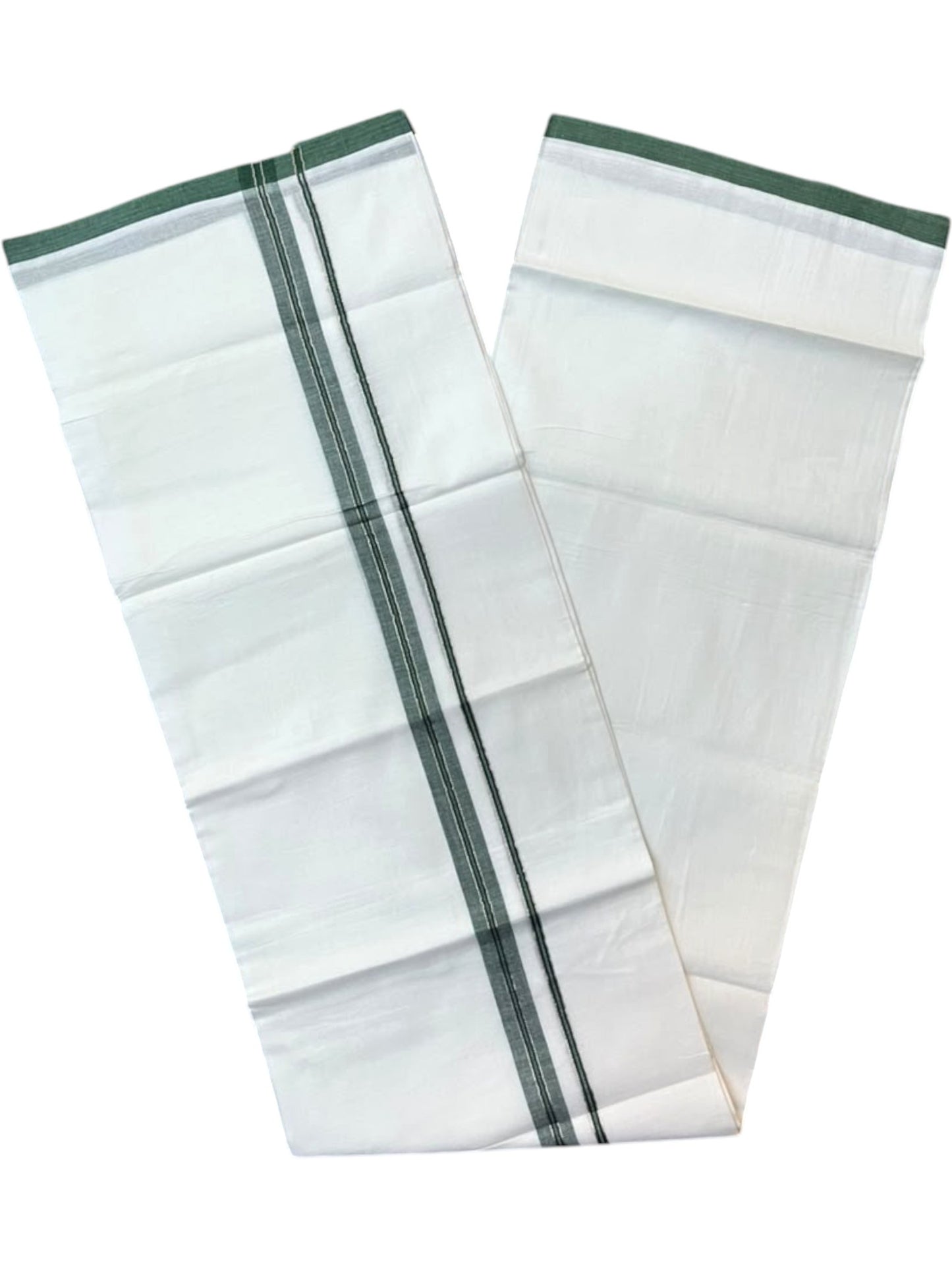 Southloom Pure White Cotton Mundu with Green & Silver Line Border (South Indian Kerala Dhoti)