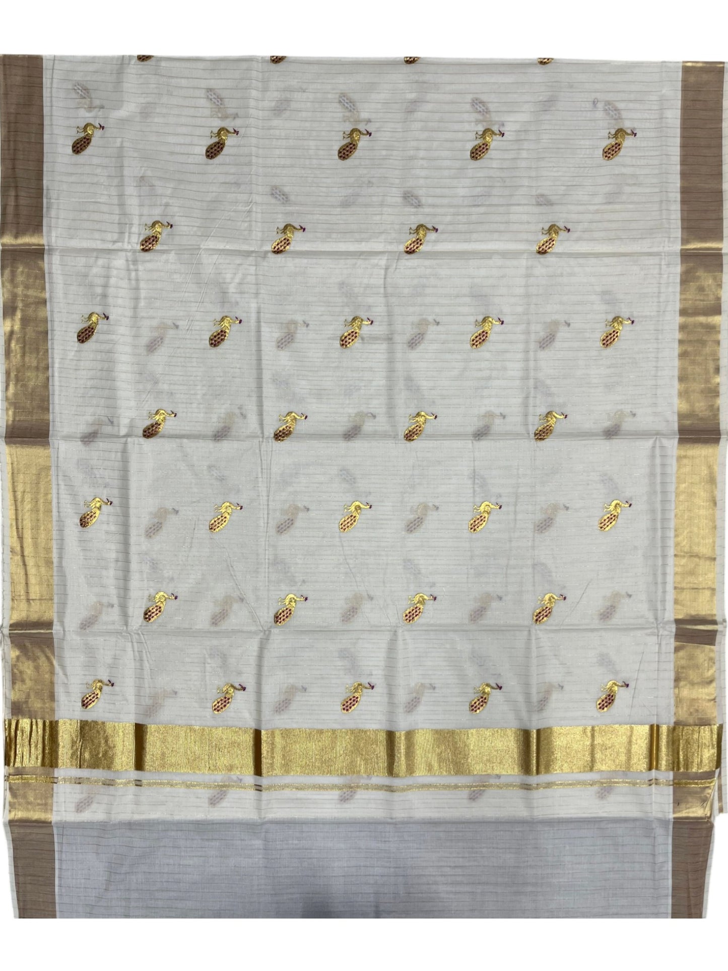 Southloom Cotton Kerala Kasavu Lines Saree with Peacock Embroidery Work on Body in Magenta