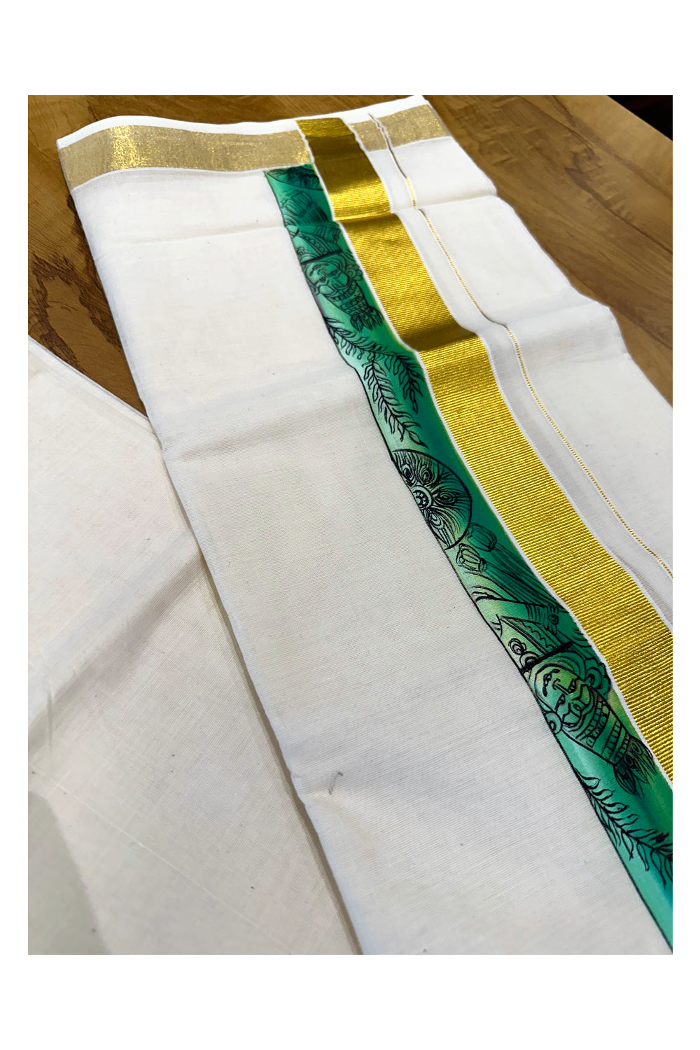 Kerala Pure Cotton Double Mundu with Mural Painted Design on Kasavu Border (South Indian Kerala Dhoti)