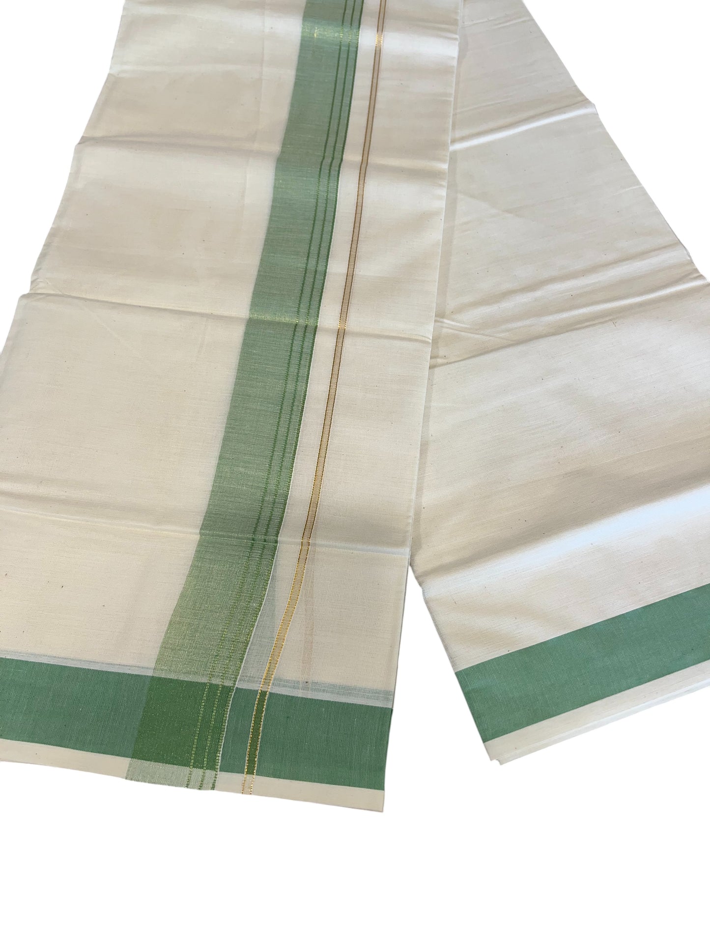 Southloom Pure Cotton Mundu with Green Lines and Green  Border (South Indian Kerala Dhoti)
