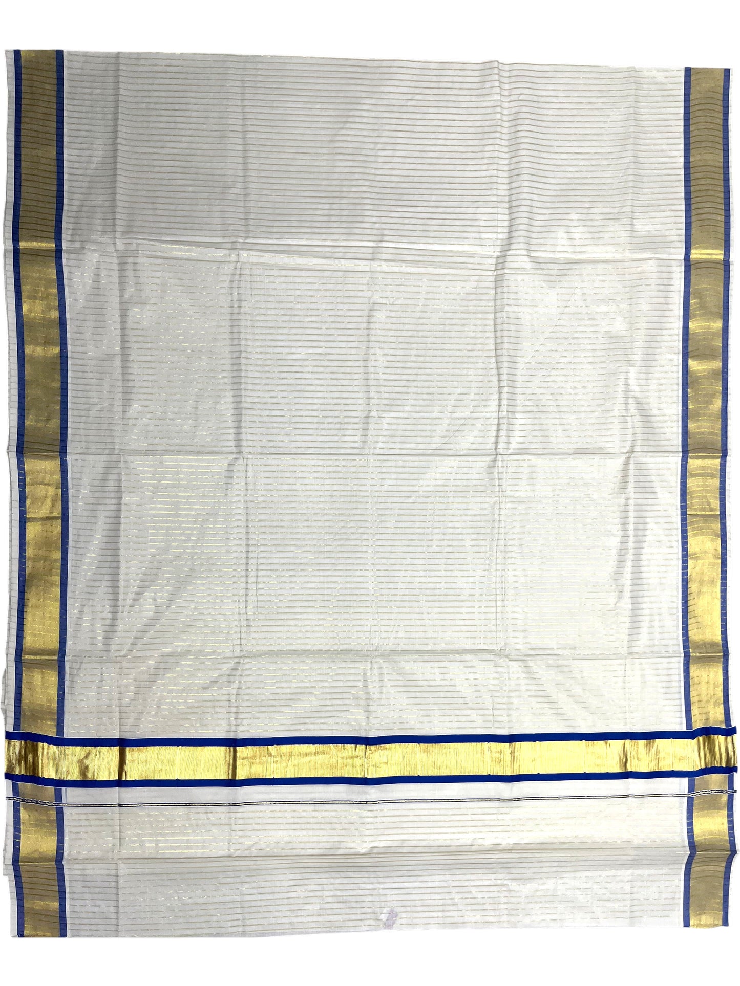 Southloom Pure Cotton Kerala Saree with Gold Kasavu Lines Across Body and Blue Border