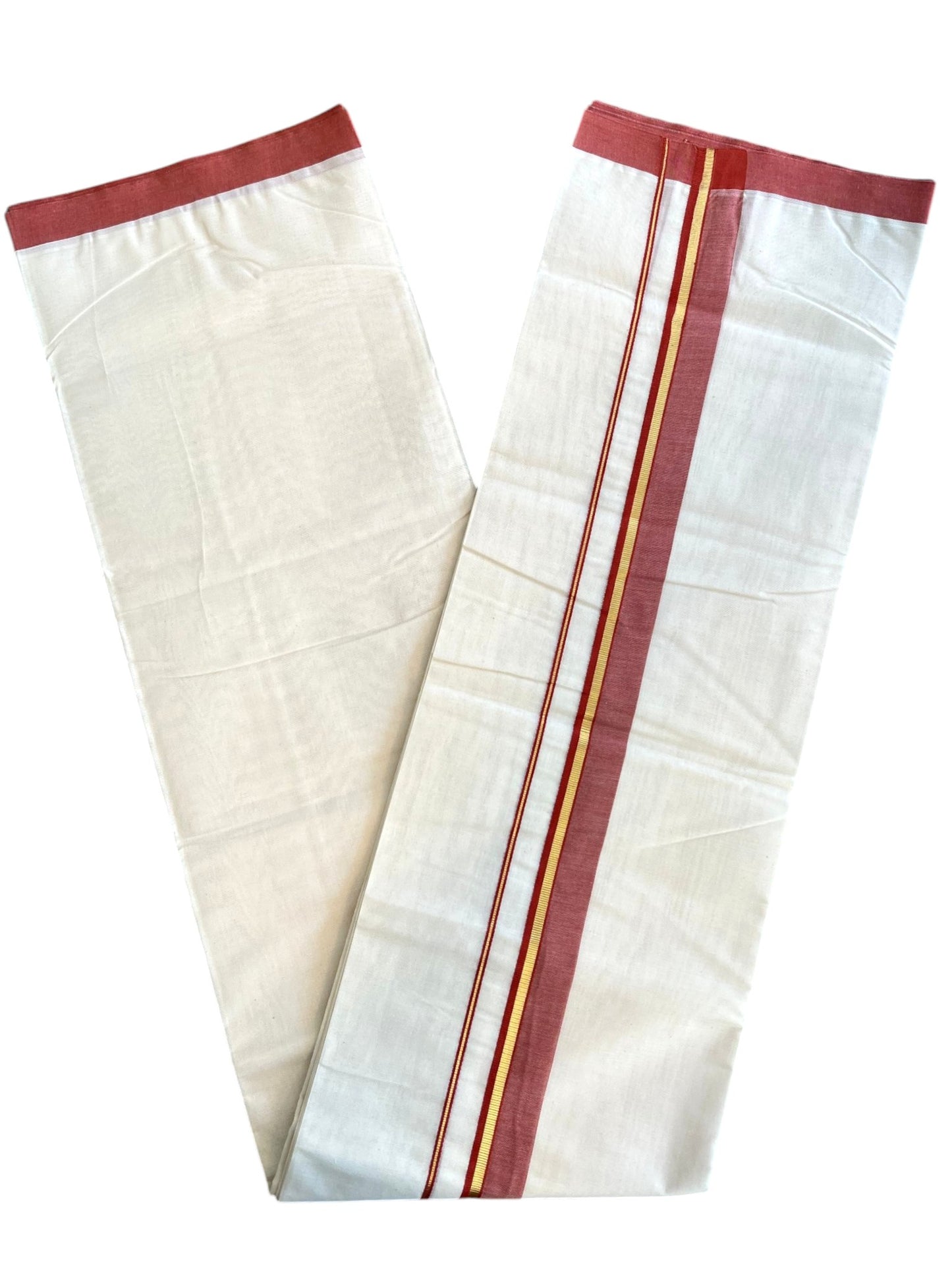 Southloom Pure Cotton Mundu with Golden Lines and Red Border (South Indian Kerala Dhoti)