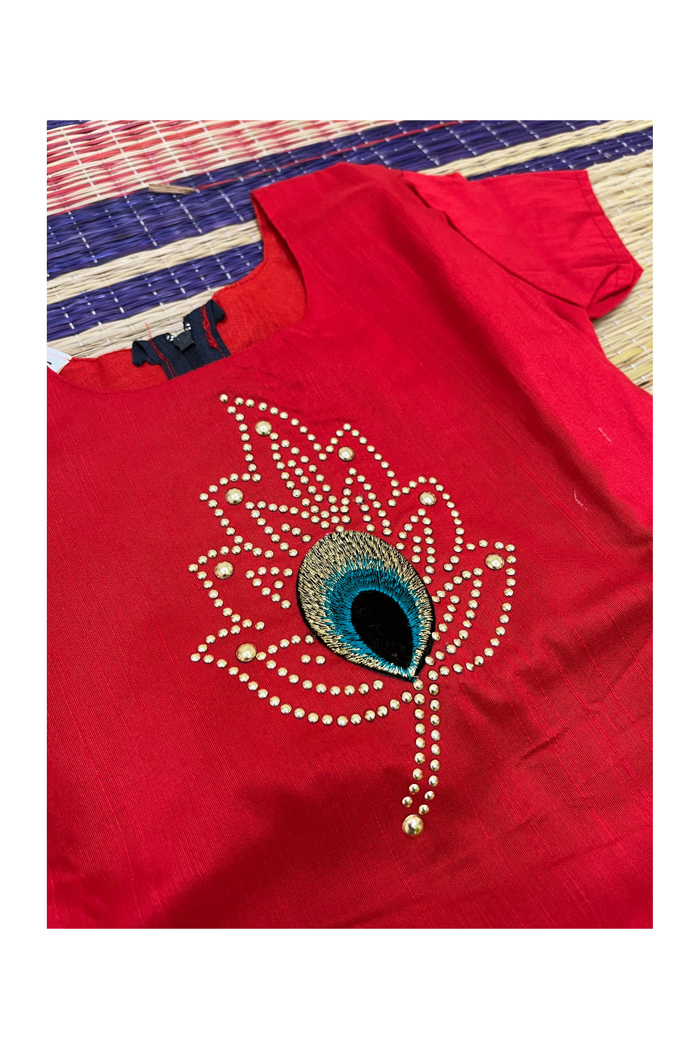 Southloom Kerala Pavada Blouse in Red with Bead Work Designs (Age - 6 Years)