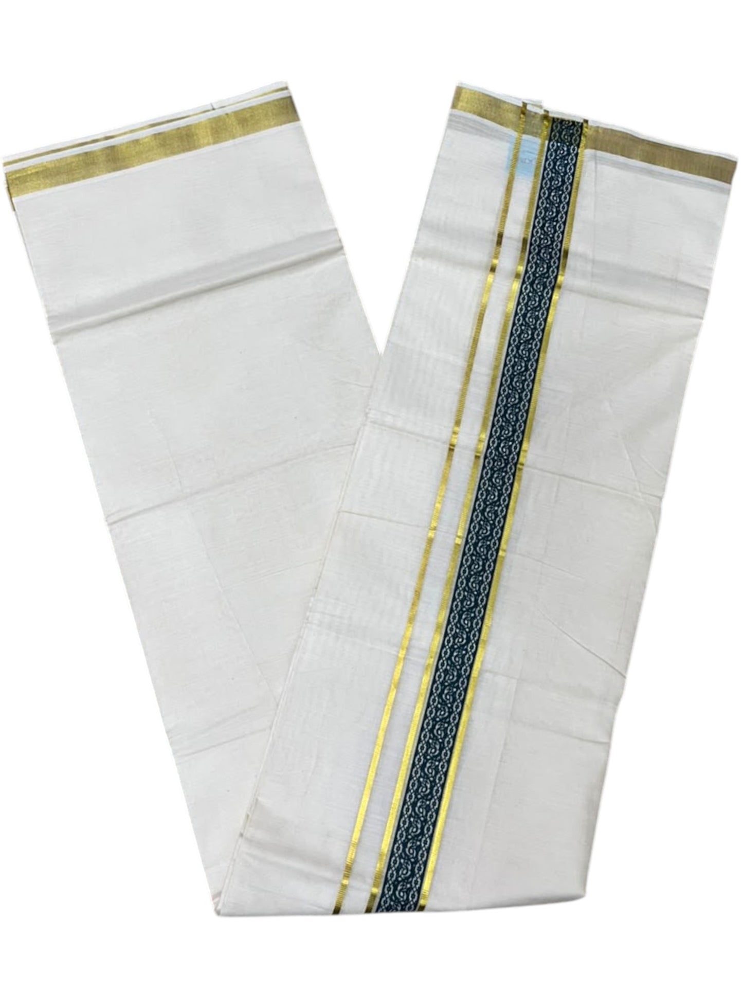 Southloom Pure Cotton Double Mundu with Green Block Printed And Ksavu Border (South Indian Kerala Dhoti)